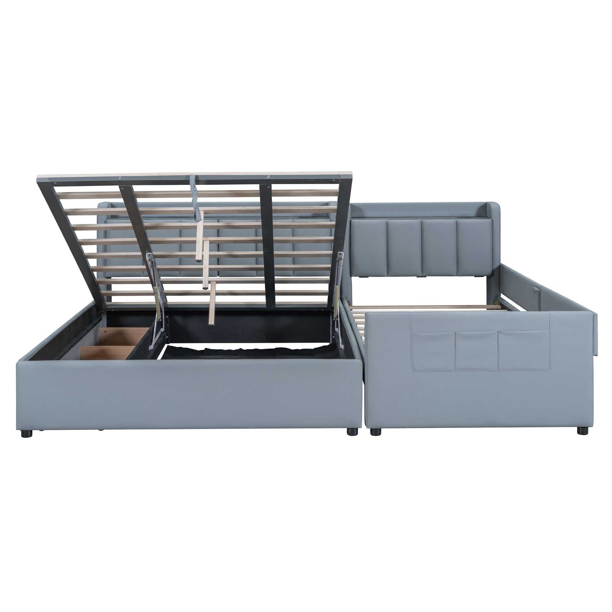 Queen Size & Twin Xl Size Upholstered Platform Bed, Mother & Child Bed With Hydraulic Storage System, Drawer Box, Bedhead Storage Shelf And Two Pairs Of Sockets & Usb Ports, Pu Leather, Gray Gray Pu Leather