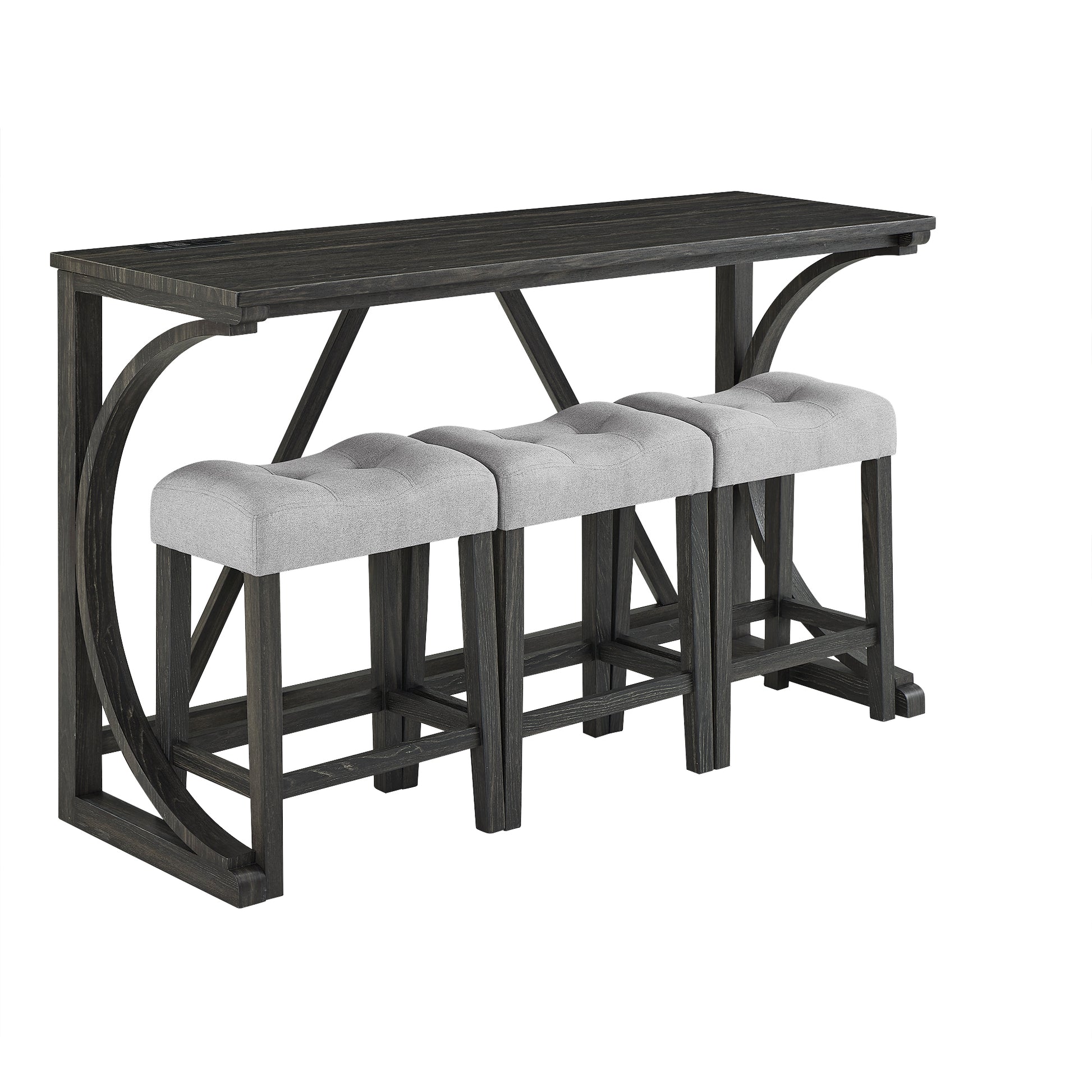 Bar Table Set With Power Outlet, Bar Table And Chairs Set, 4 Piece Dining Table Set, Industrial Breakfast Table Set, For Living Room, Dining Room, Game Room Grey Black Solid Wood Mdf