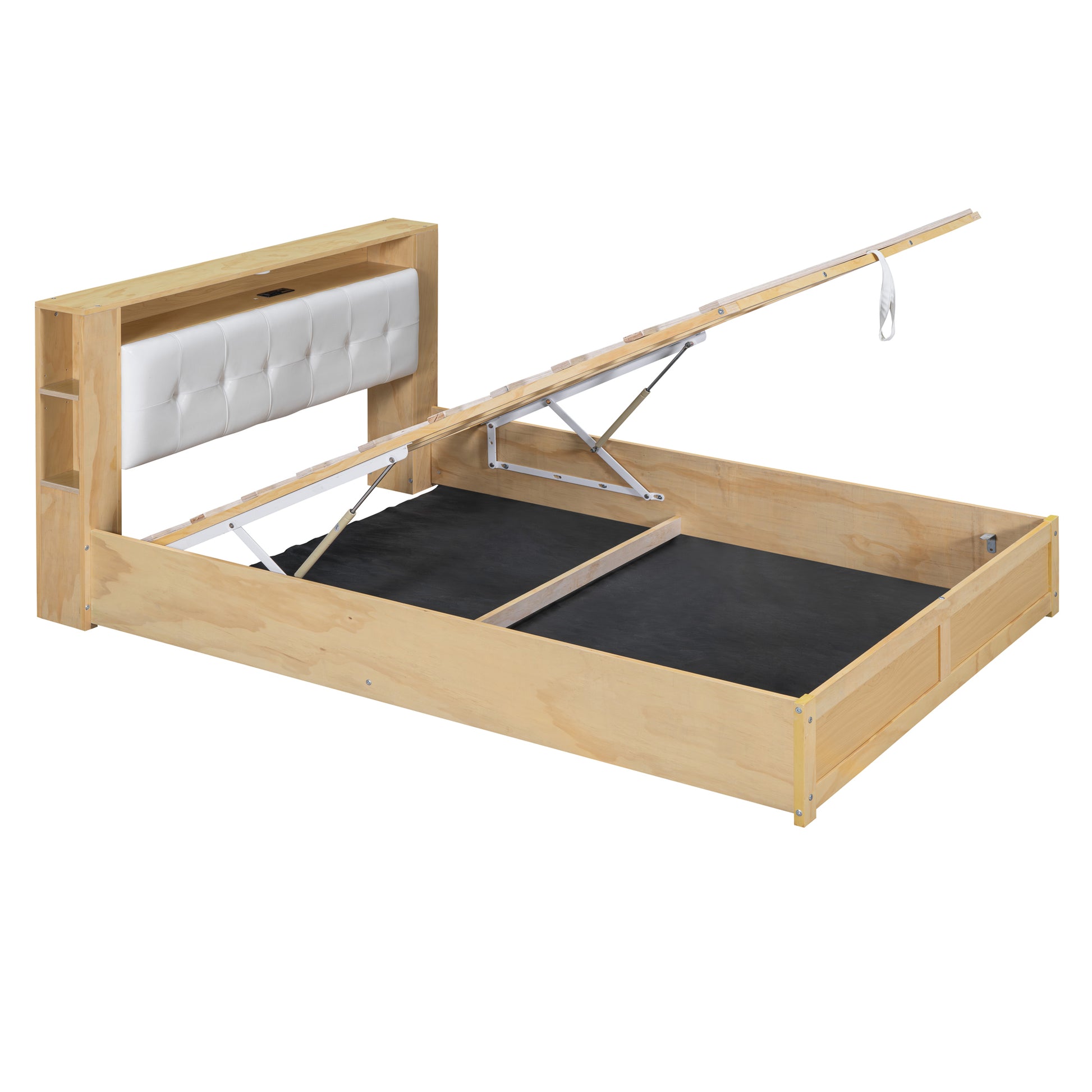 Queen Size Tufted Upholstered Platform Bed With Storage Headboard And Hydraulic Storage System, Modern Pu Storage Bed With Motion Activated Night Lights And Usb Charger,Natural Natural Wood