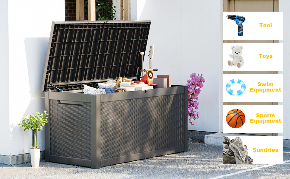 260 Gallon Deck Box, Waterproof Resin Large Outdoor Storgae Box For Patio Furniture, Patio Cushions, Gardening Tools, Pool And Sports Supplies, Lockable Black No Complete Patio Set Black Water Resistant Frame Garden & Outdoor Classic Complete Patio Sets