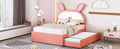 Full Size Upholstered Platform Bed With Trundle And 3 Drawers, Rabbit Shaped Headboard With Embedded Led Lights, Pink Pink Velvet
