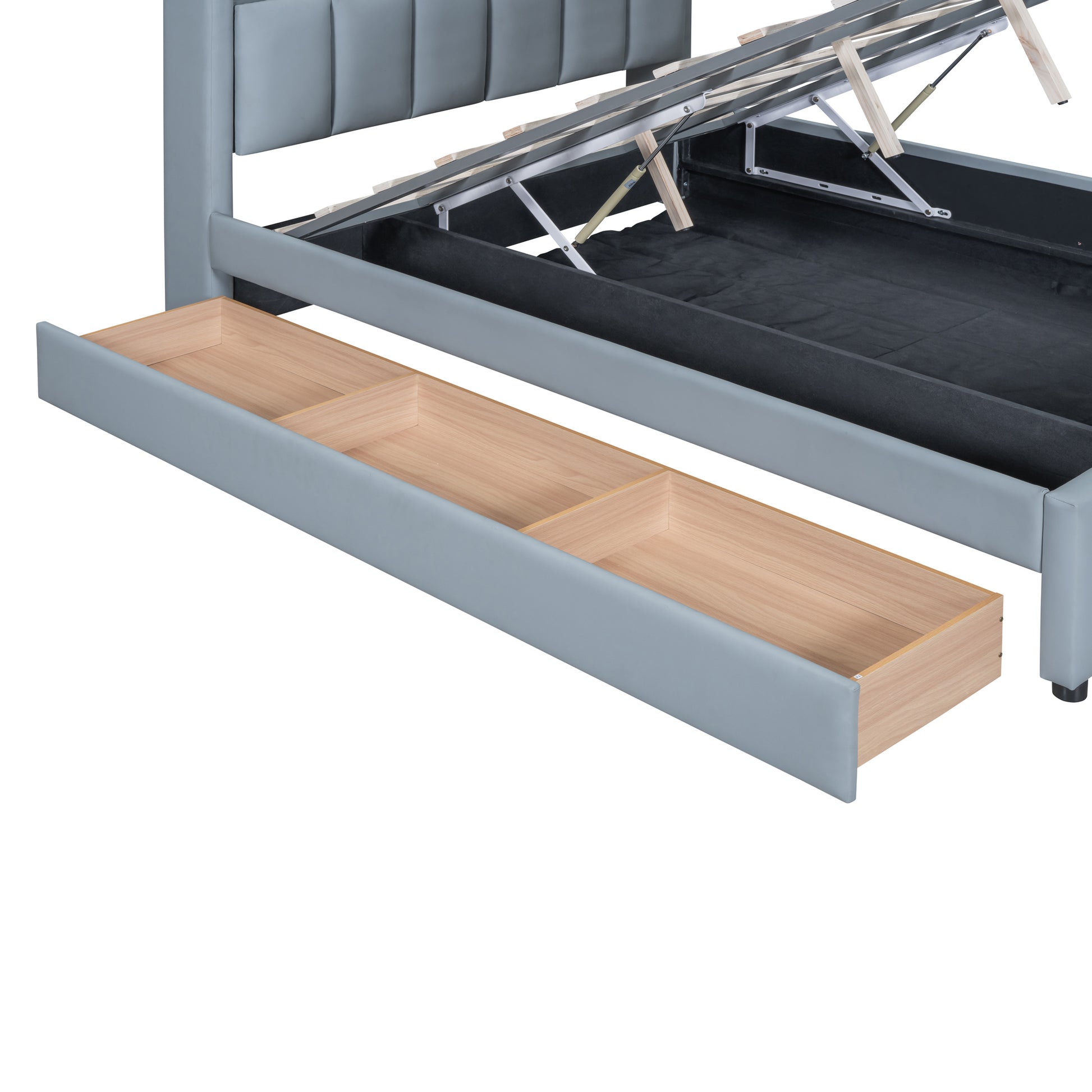 Queen Size & Twin Xl Size Upholstered Platform Bed, Mother & Child Bed With Hydraulic Storage System, Drawer Box, Bedhead Storage Shelf And Two Pairs Of Sockets & Usb Ports, Pu Leather, Gray Gray Pu Leather