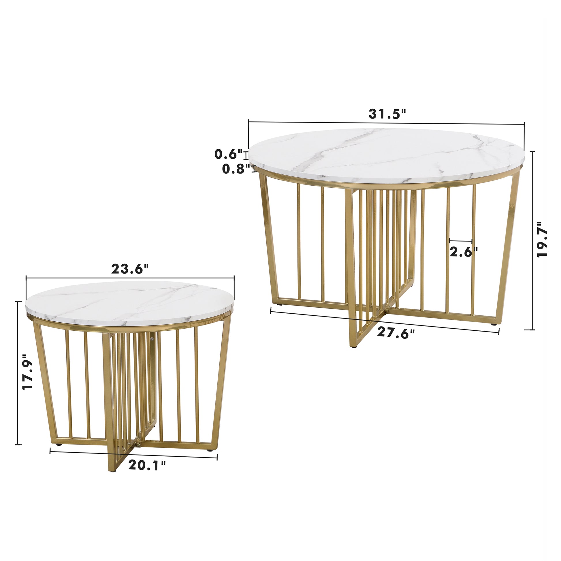 Modern Round Nesting Coffee Table Set 2 Piece White & Marbling Top Gold Base White Mdf