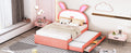 Full Size Upholstered Platform Bed With Trundle And 3 Drawers, Rabbit Shaped Headboard With Embedded Led Lights, Pink Pink Velvet