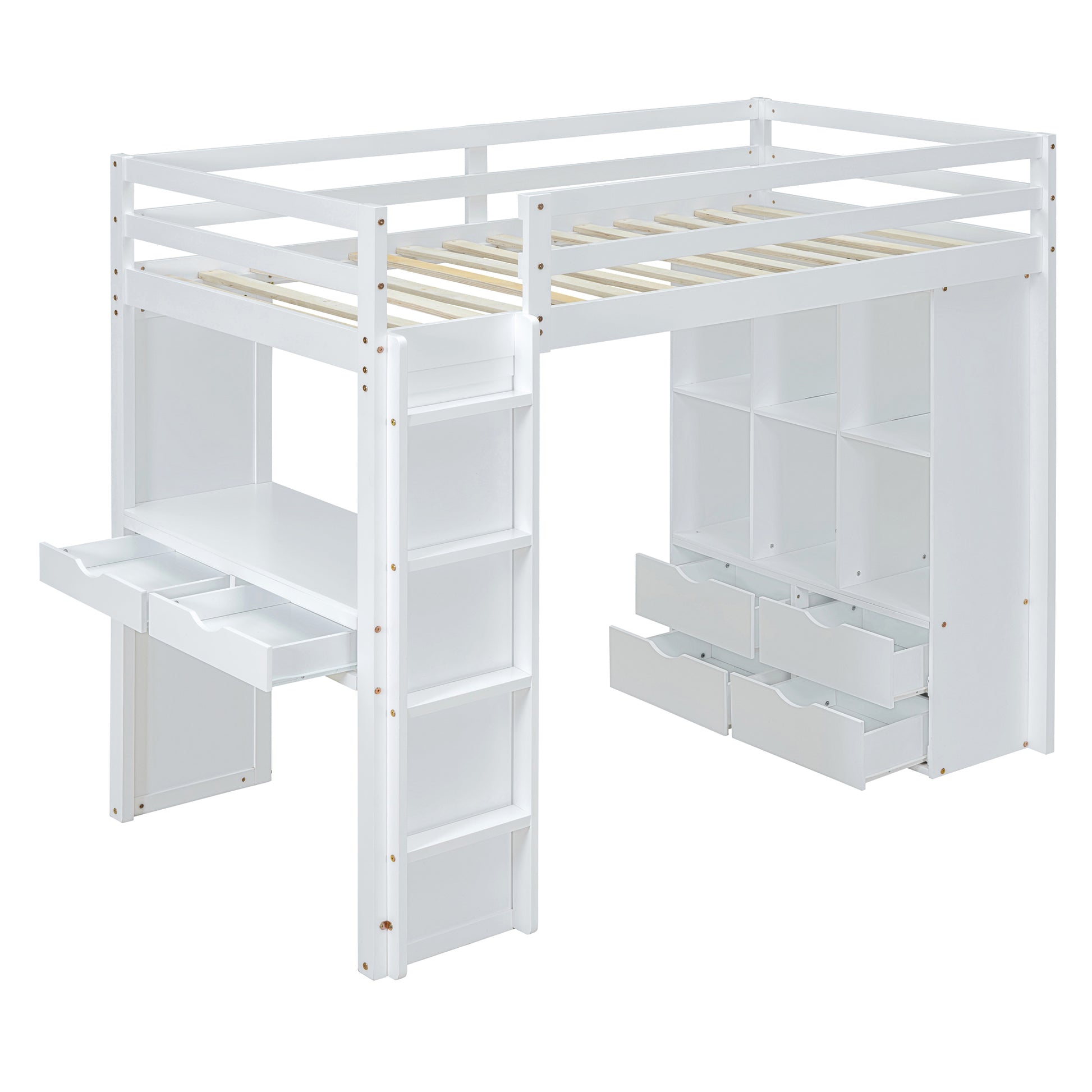 Full Size Loft Bed With Large Shelves, Writing Desk And Led Light, White White Solid Wood Mdf