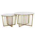 Modern Round Nesting Coffee Table Set 2 Piece White & Marbling Top Gold Base White Mdf