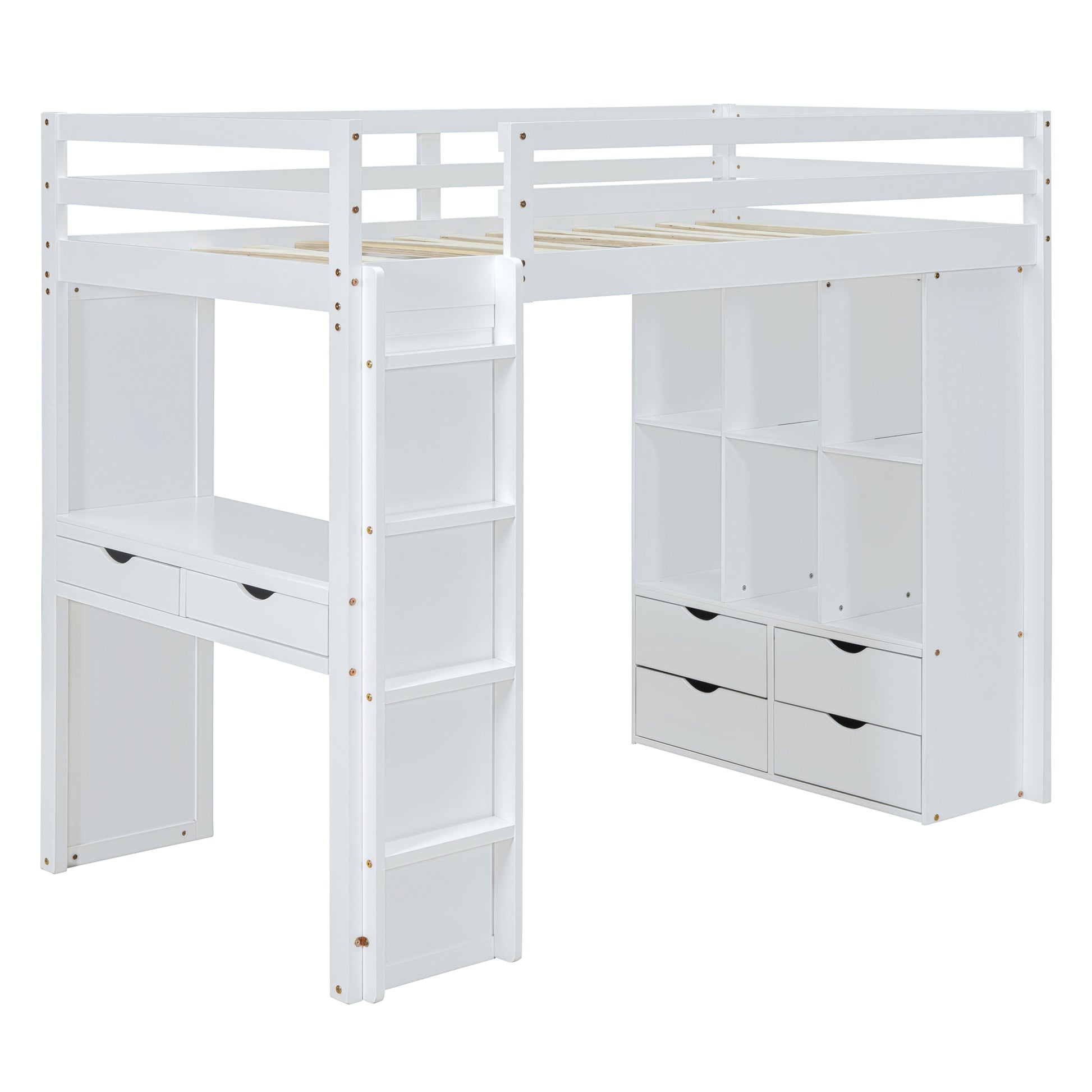 Full Size Loft Bed With Large Shelves, Writing Desk And Led Light, White White Solid Wood Mdf