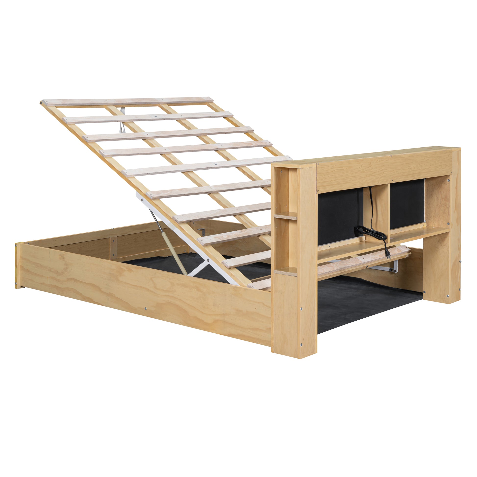 Queen Size Tufted Upholstered Platform Bed With Storage Headboard And Hydraulic Storage System, Modern Pu Storage Bed With Motion Activated Night Lights And Usb Charger,Natural Natural Wood