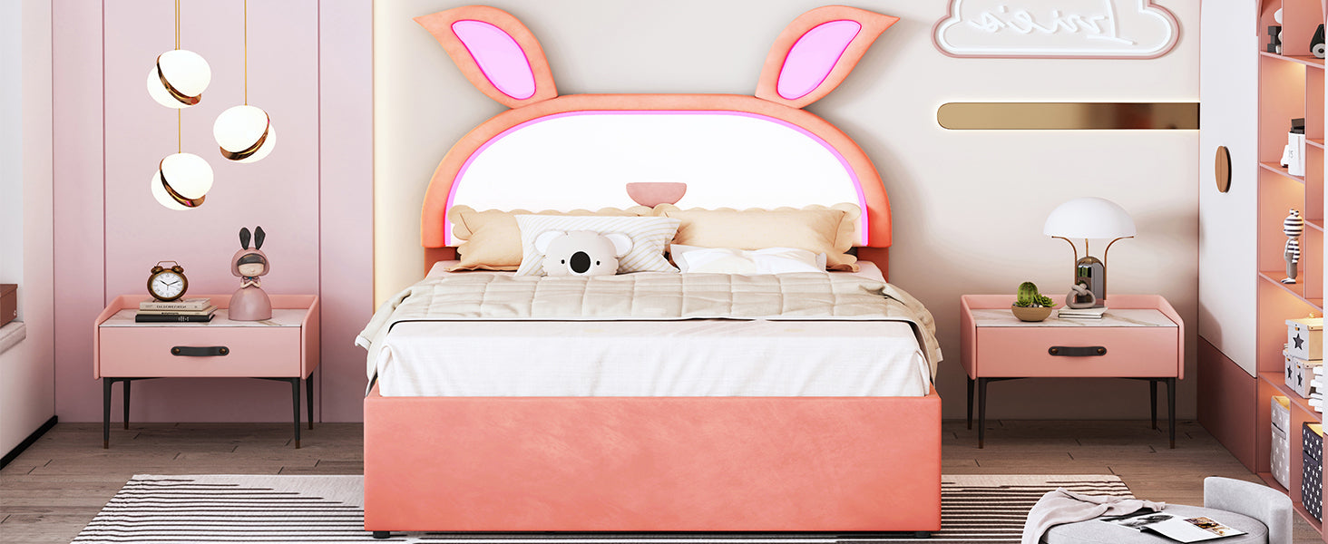 Full Size Upholstered Platform Bed With Trundle And 3 Drawers, Rabbit Shaped Headboard With Embedded Led Lights, Pink Pink Velvet