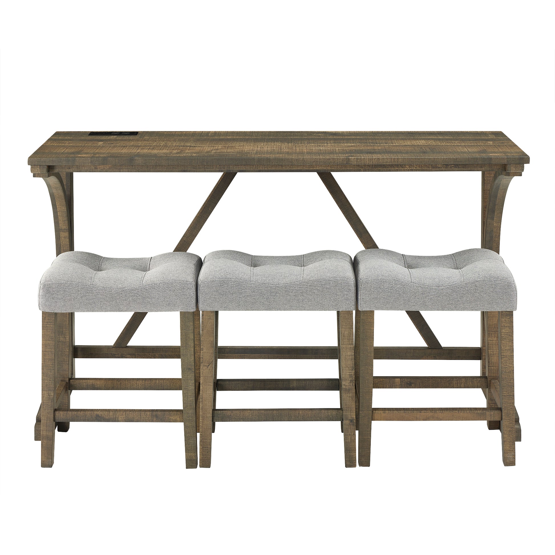 Bar Table Set With Power Outlet, Bar Table And Chairs Set, 4 Piece Dining Table Set, Industrial Breakfast Table Set, For Living Room, Dining Room, Game Room Brown Yellow Solid Wood Mdf