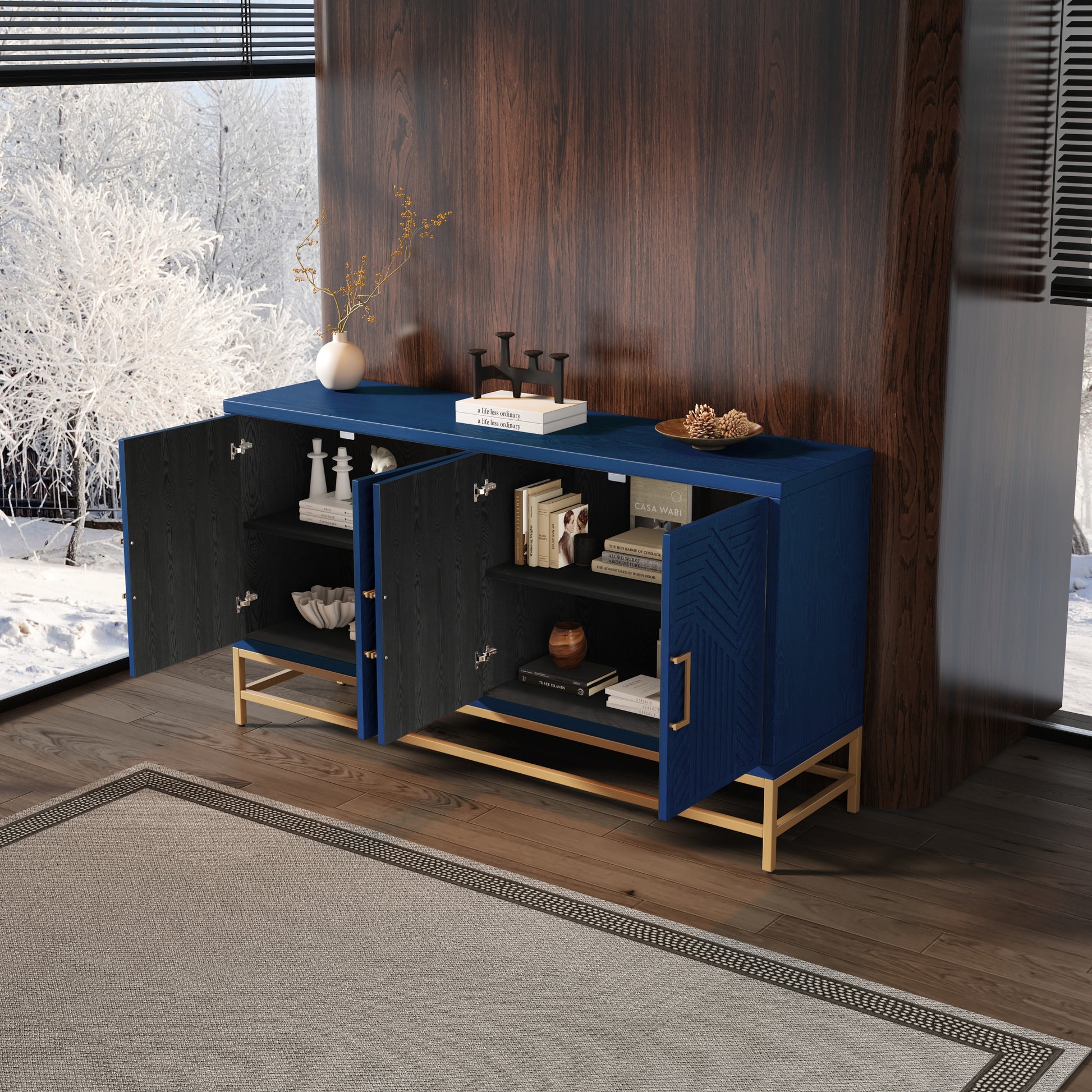 Retro Style Sideboard With Adjustable Shelves, Rectangular Metal Handles And Legs For Kitchen, Living Room, And Dining Room Navy Navy Mdf