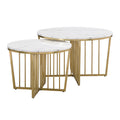 Modern Round Nesting Coffee Table Set 2 Piece White & Marbling Top Gold Base White Mdf