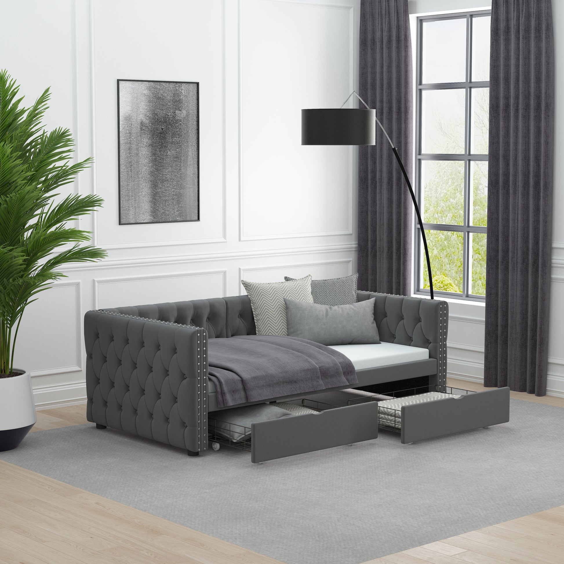 Twin Size Daybed With Drawers Upholstered Tufted Sofa Bed, With Button On Back And Copper Nail On Waved Shape Arms, Velvet 79.5"X41.5"X26.5" Twin Grey Velvet