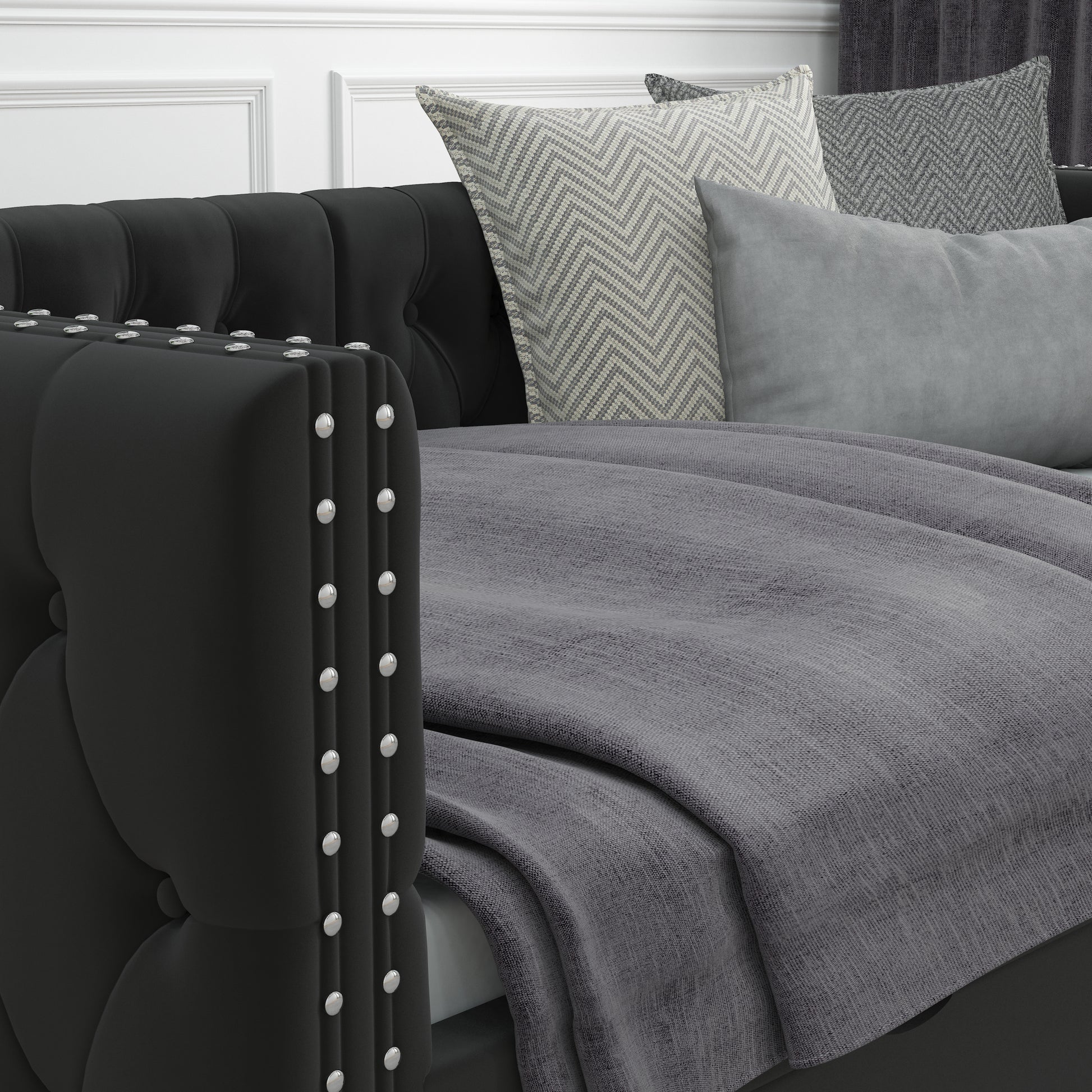 Twin Size Daybed With Drawers Upholstered Tufted Sofa Bed, With Button On Back And Copper Nail On Waved Shape Arms, Velvet 79.5"X41.5"X26.5" Twin Black Velvet