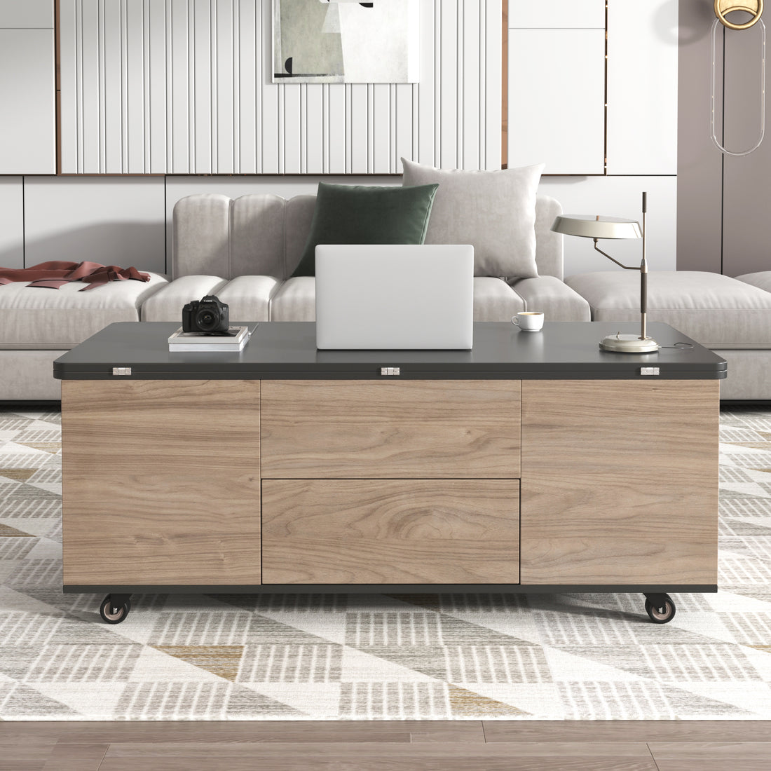 Modern Lift Top Coffee Table Multi Functional Table With 3 Drawers In Walnut & Black Walnut Black Mdf