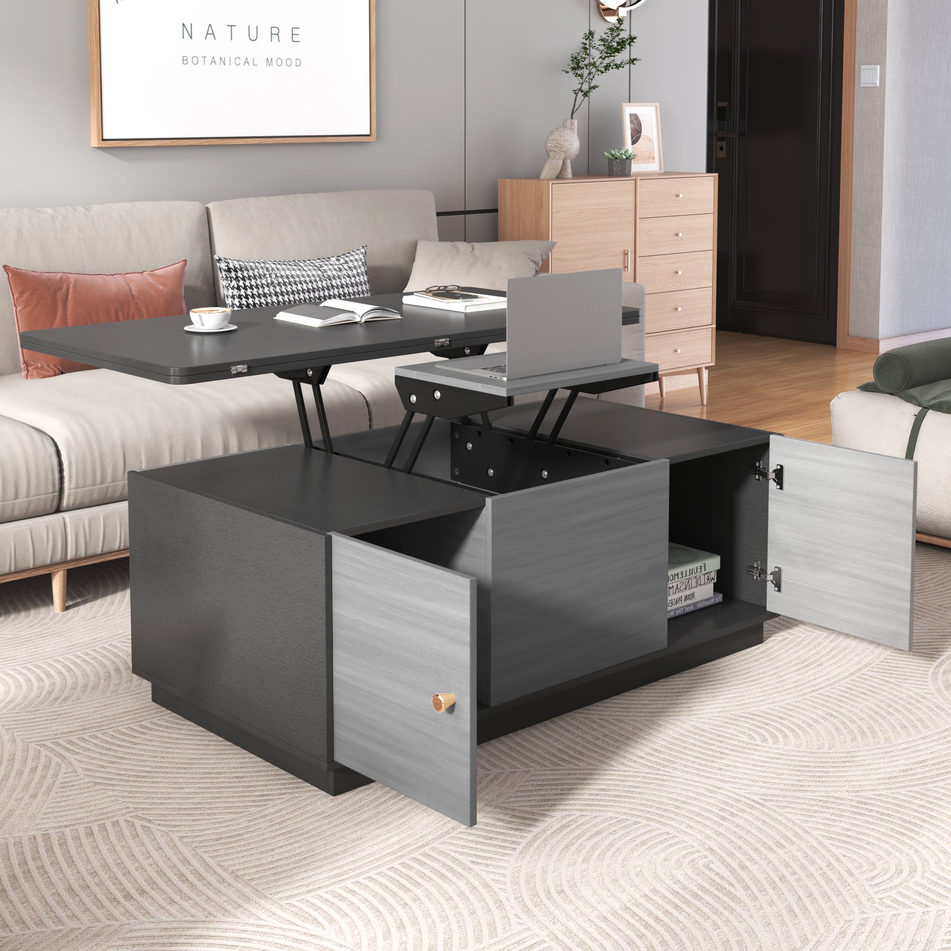 Modern Gray Multi Functional Rectangle Lift Top Coffee Table Extendable With Storage Dark Gray Mdf