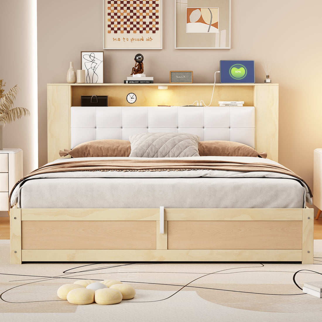 Queen Size Tufted Upholstered Platform Bed With Storage Headboard And Hydraulic Storage System, Modern Pu Storage Bed With Motion Activated Night Lights And Usb Charger,Natural Natural Wood