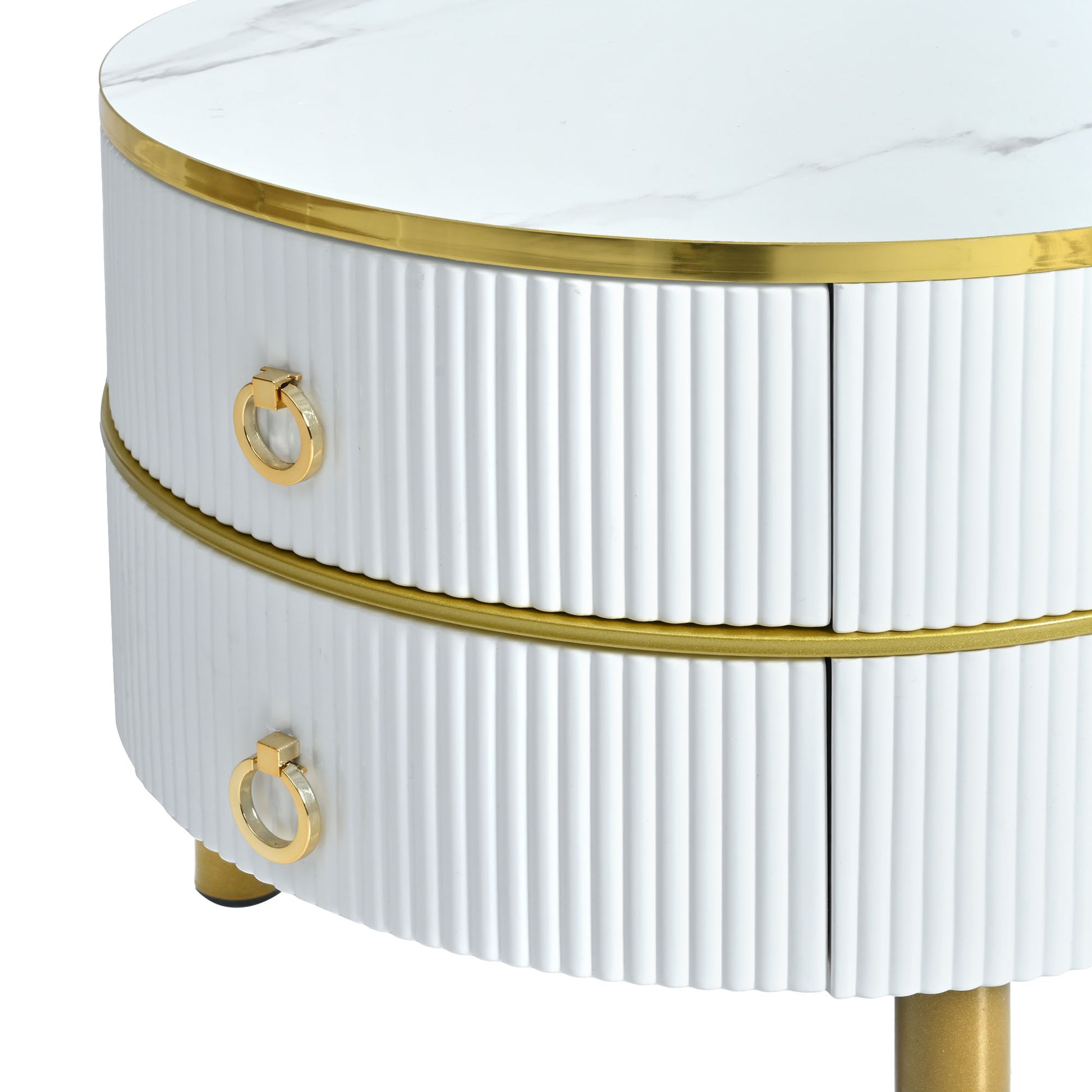 27.5'' & 19.6'' Stackable Coffee Table With 2 Drawers, Nesting Tables With Brown Tempered Glass And High Gloss Marble Tabletop, Set Of 2, Round Center Table For Living Room, White Golden White Primary Living Space Drawers Round Mdf Iron
