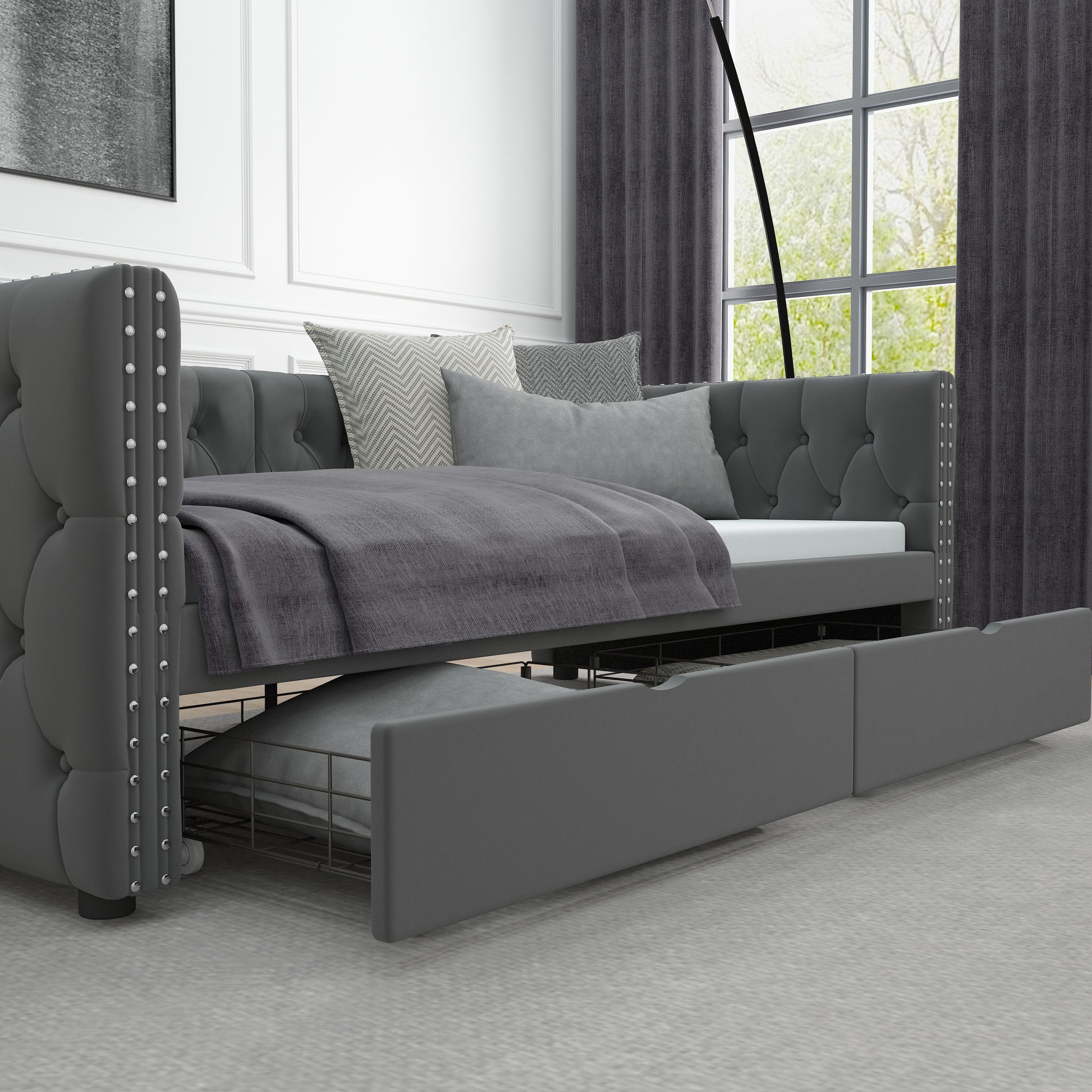 Twin Size Daybed With Drawers Upholstered Tufted Sofa Bed, With Button On Back And Copper Nail On Waved Shape Arms, Velvet 79.5"X41.5"X26.5" Twin Grey Velvet
