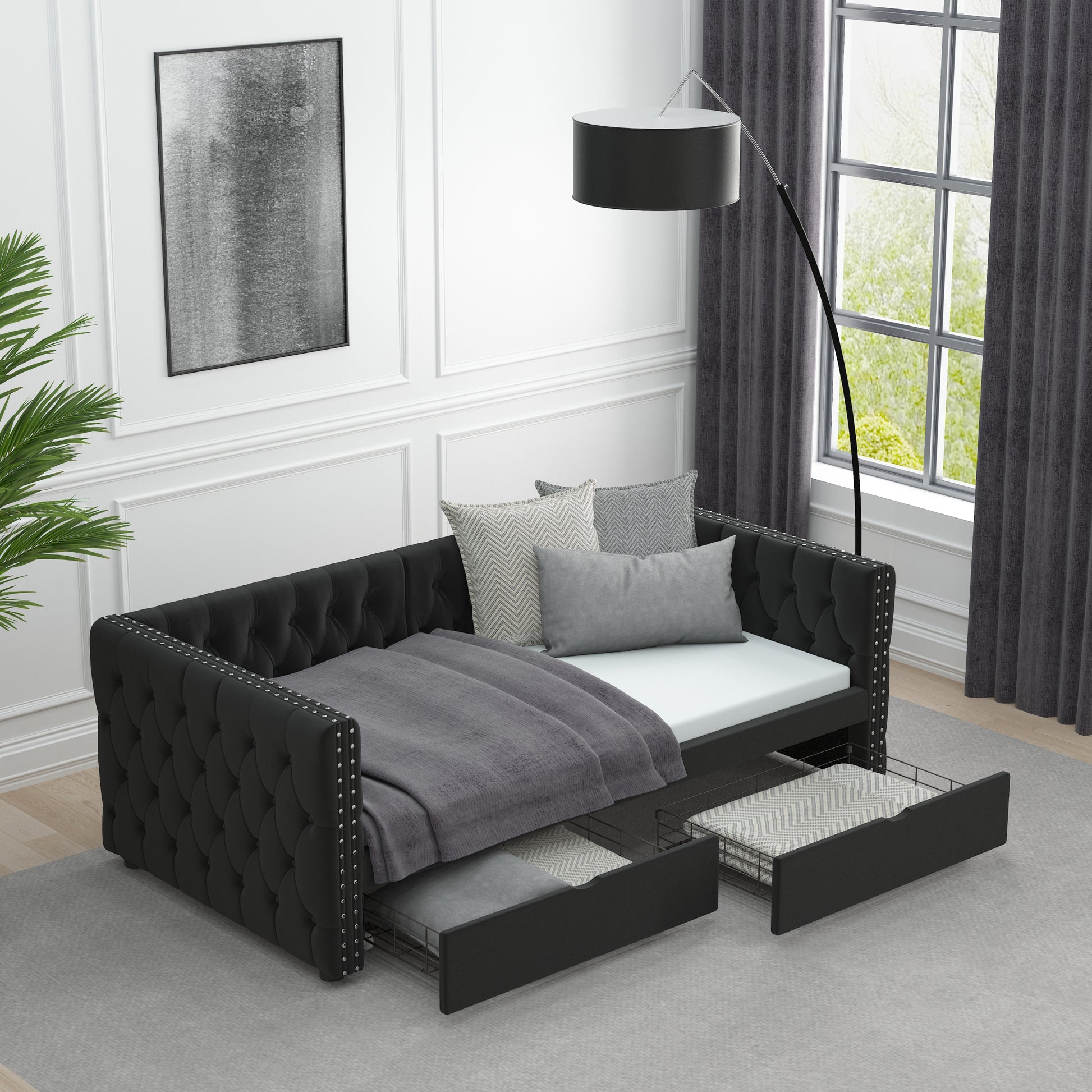 Twin Size Daybed With Drawers Upholstered Tufted Sofa Bed, With Button On Back And Copper Nail On Waved Shape Arms, Velvet 79.5"X41.5"X26.5" Twin Black Velvet