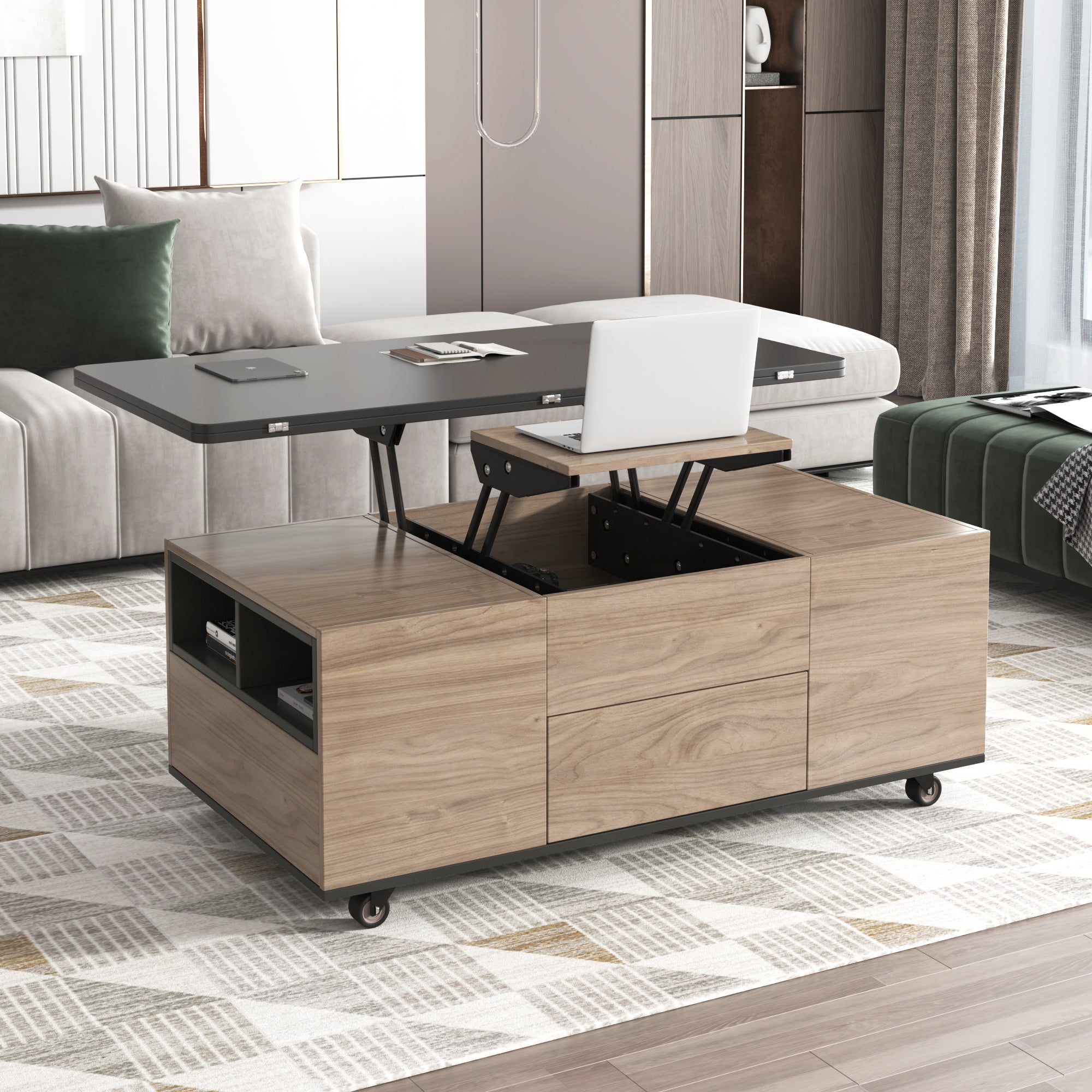 Modern Lift Top Coffee Table Multi Functional Table With 3 Drawers In Walnut & Black Walnut Black Mdf