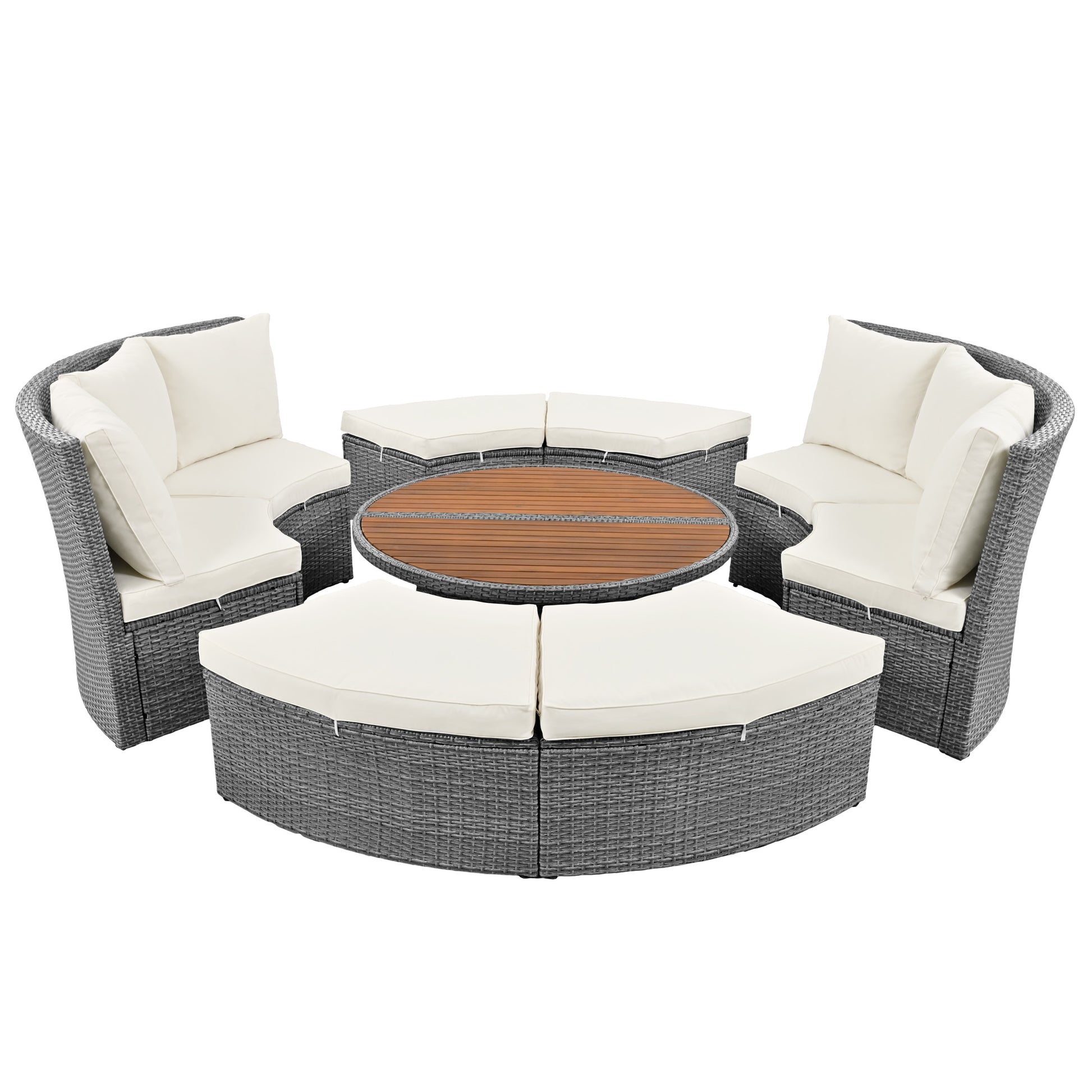 Patio 5 Piece Round Rattan Sectional Sofa Set All Weather Pe Wicker Sunbed Daybed With Round Liftable Table And Washable Cushions For Outdoor Backyard Poolside, Beige Yes Deep Seating Beige Water Resistant Frame Water Resistant Cushion Garden & Outdoor
