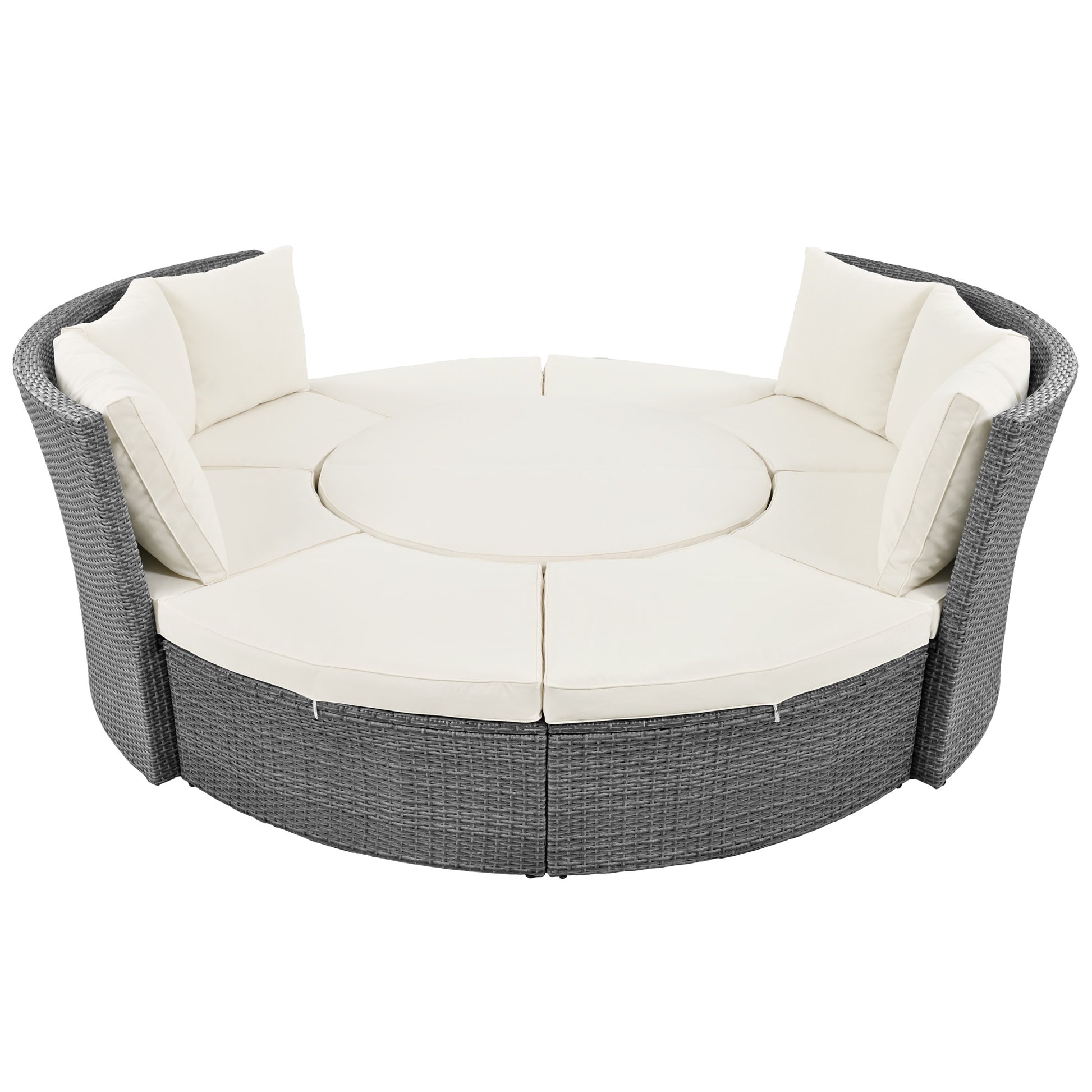 Patio 5 Piece Round Rattan Sectional Sofa Set All Weather Pe Wicker Sunbed Daybed With Round Liftable Table And Washable Cushions For Outdoor Backyard Poolside, Beige Yes Deep Seating Beige Water Resistant Frame Water Resistant Cushion Garden & Outdoor