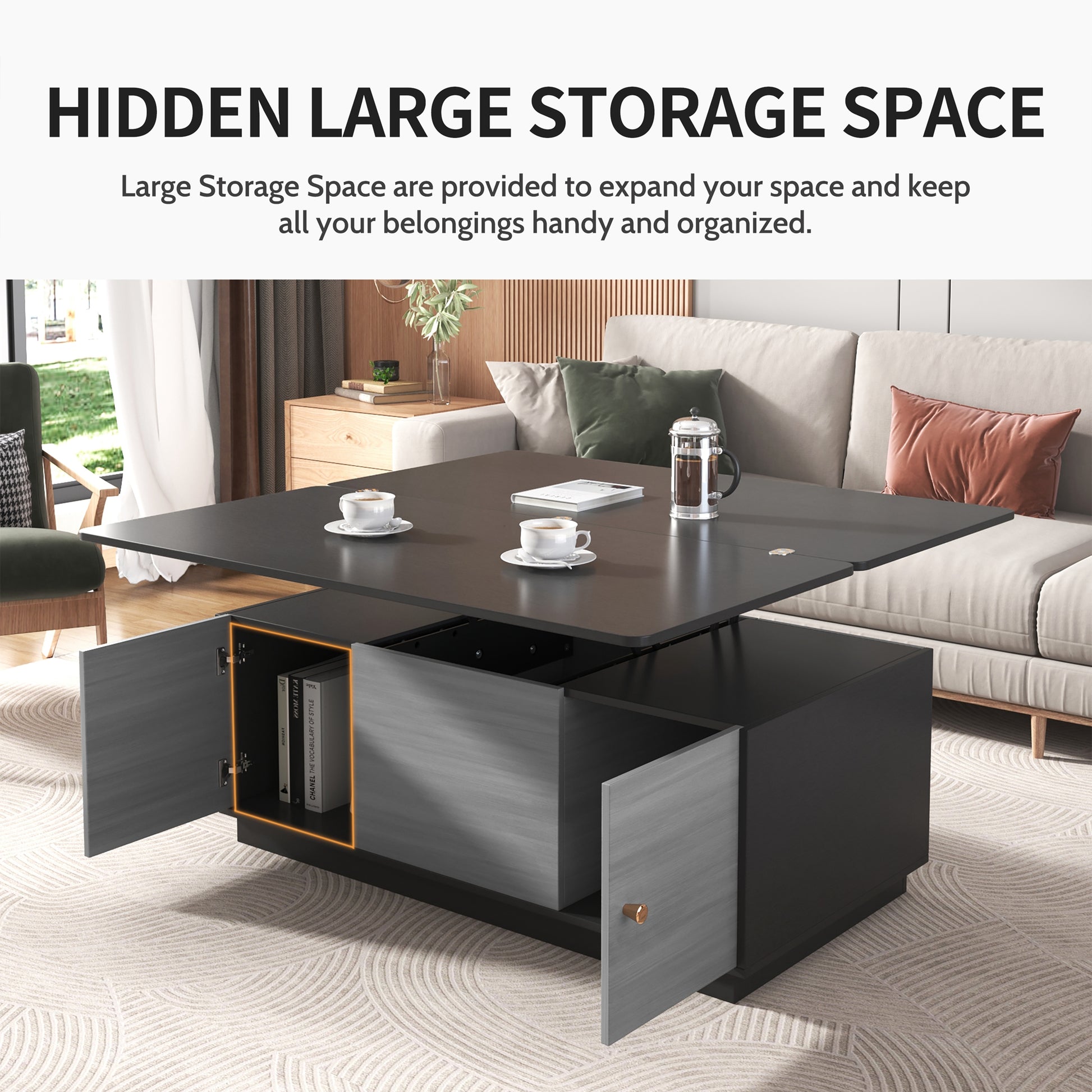 Modern Gray Multi Functional Rectangle Lift Top Coffee Table Extendable With Storage Dark Gray Mdf