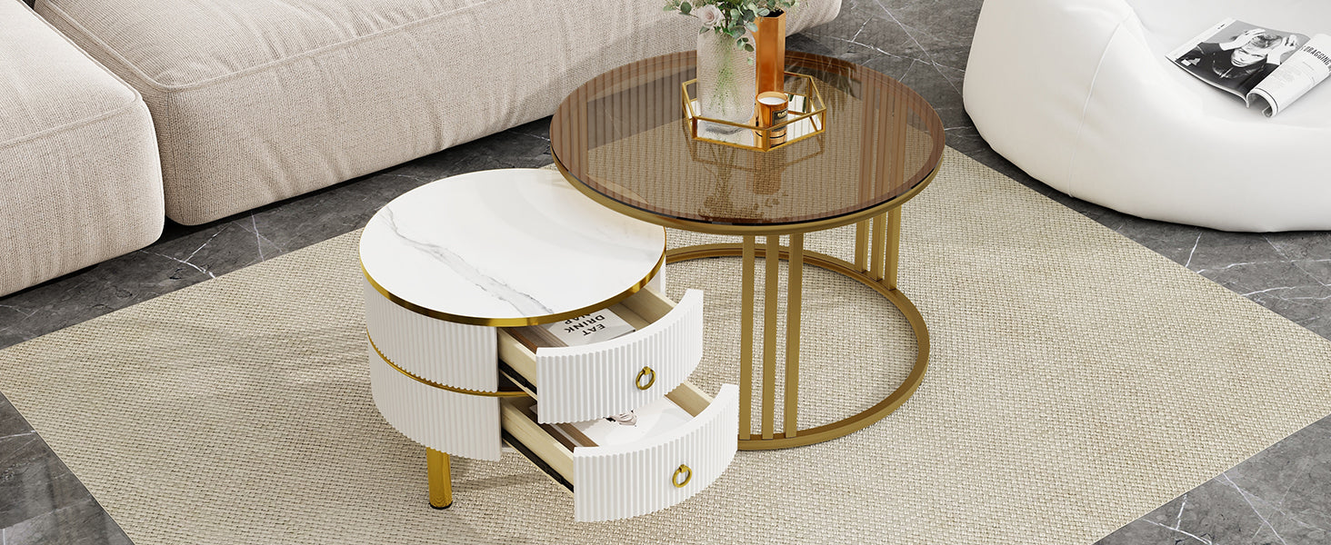 27.5'' & 19.6'' Stackable Coffee Table With 2 Drawers, Nesting Tables With Brown Tempered Glass And High Gloss Marble Tabletop, Set Of 2, Round Center Table For Living Room, White Golden White Primary Living Space Drawers Round Mdf Iron