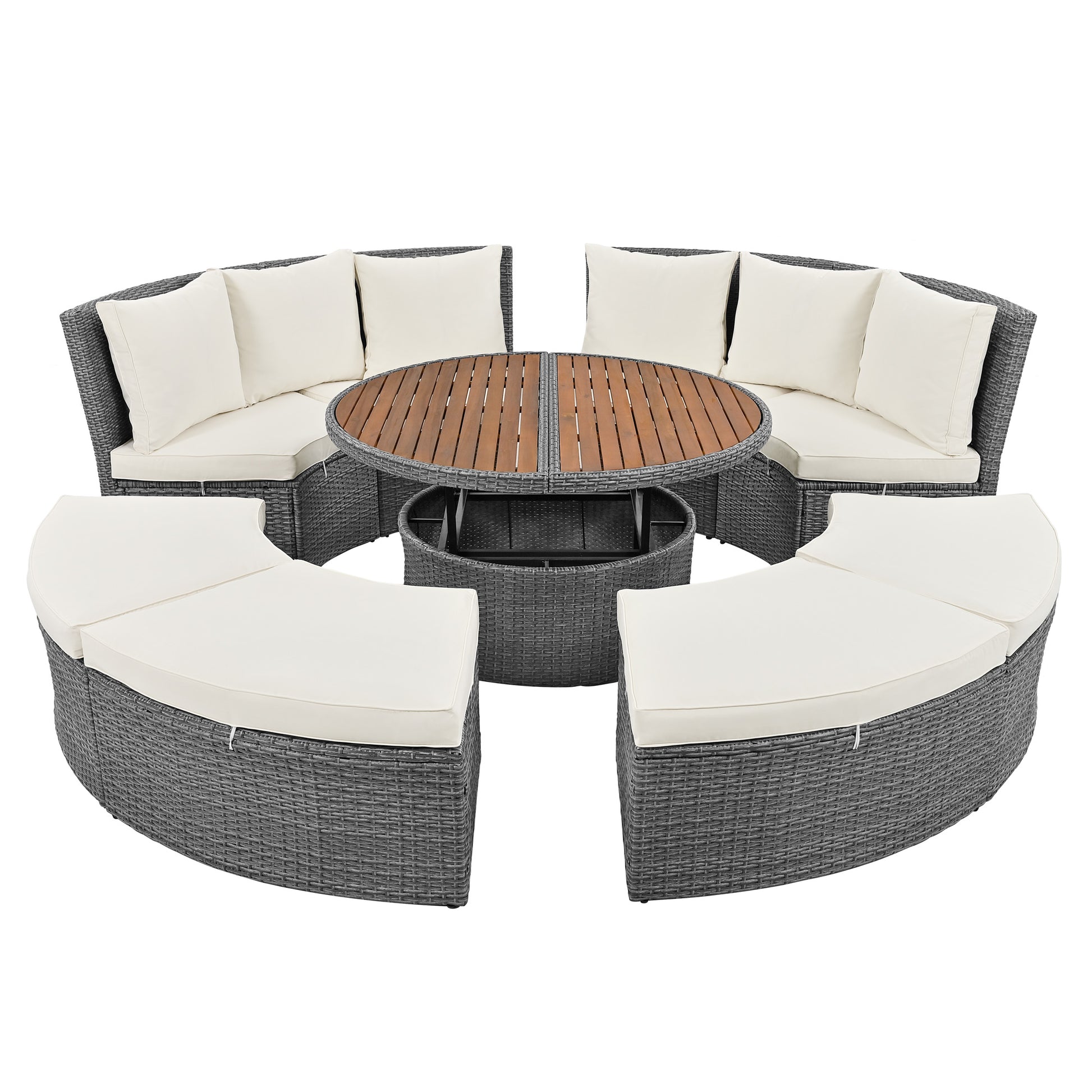 Patio 5 Piece Round Rattan Sectional Sofa Set All Weather Pe Wicker Sunbed Daybed With Round Liftable Table And Washable Cushions For Outdoor Backyard Poolside, Beige Yes Deep Seating Beige Water Resistant Frame Water Resistant Cushion Garden & Outdoor
