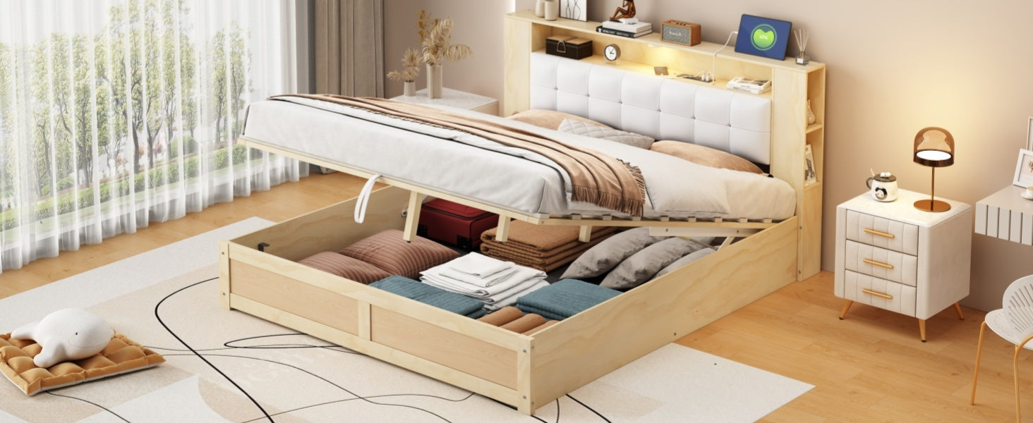 Queen Size Tufted Upholstered Platform Bed With Storage Headboard And Hydraulic Storage System, Modern Pu Storage Bed With Motion Activated Night Lights And Usb Charger,Natural Natural Wood