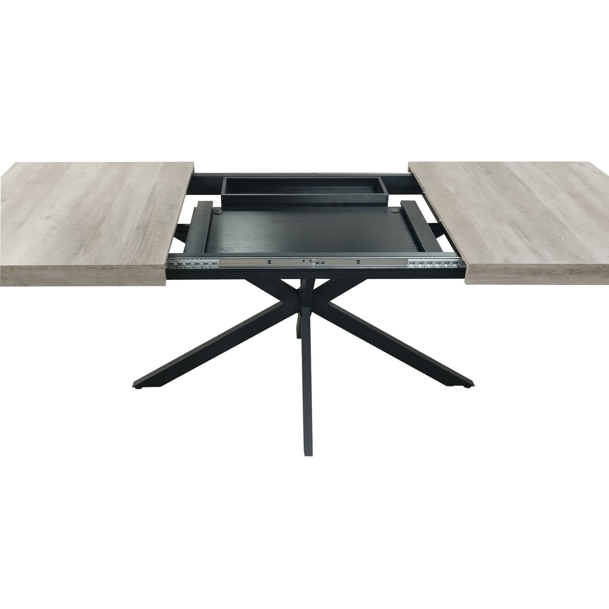 55.11'' 70.86"Retro Rectangular Stretch Dining Table, Grey Carole Top With Black Embossed Center Plate, Black Fine Sand Cross Iron Foot Base Dining Table, With Storage Box. Grey Seats 6 Rectangular Mdf Metal