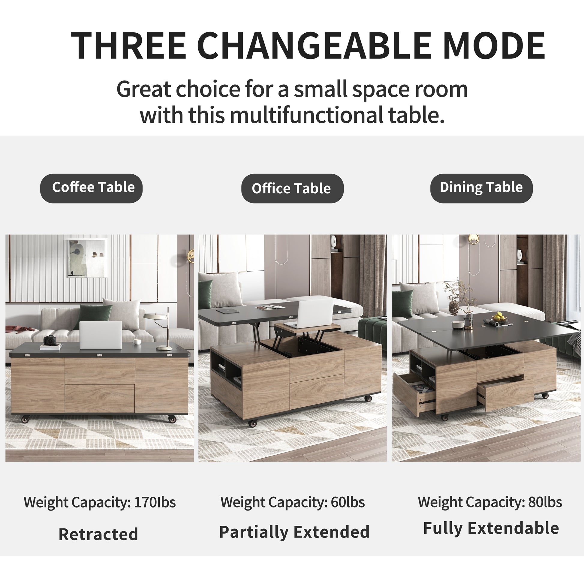 Modern Lift Top Coffee Table Multi Functional Table With 3 Drawers In Walnut & Black Walnut Black Mdf