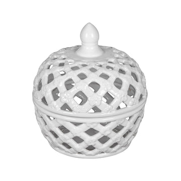 D8X9.5" White Ceramic Lidded Jar With Lattice Design White Ceramic