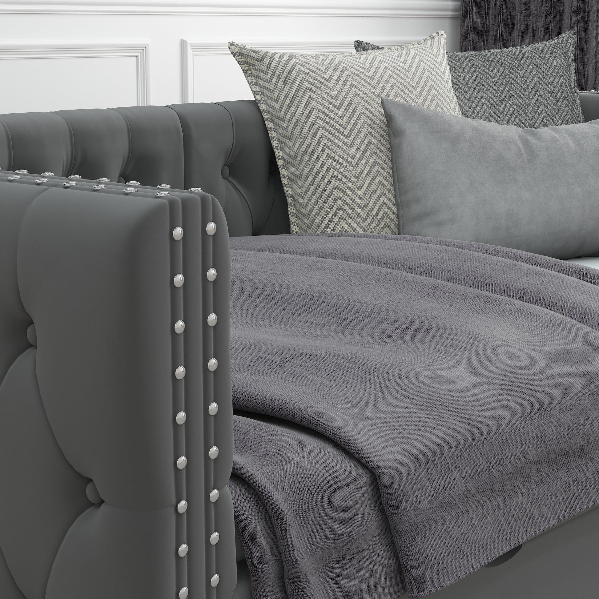 Twin Size Daybed With Drawers Upholstered Tufted Sofa Bed, With Button On Back And Copper Nail On Waved Shape Arms, Velvet 79.5"X41.5"X26.5" Twin Grey Velvet