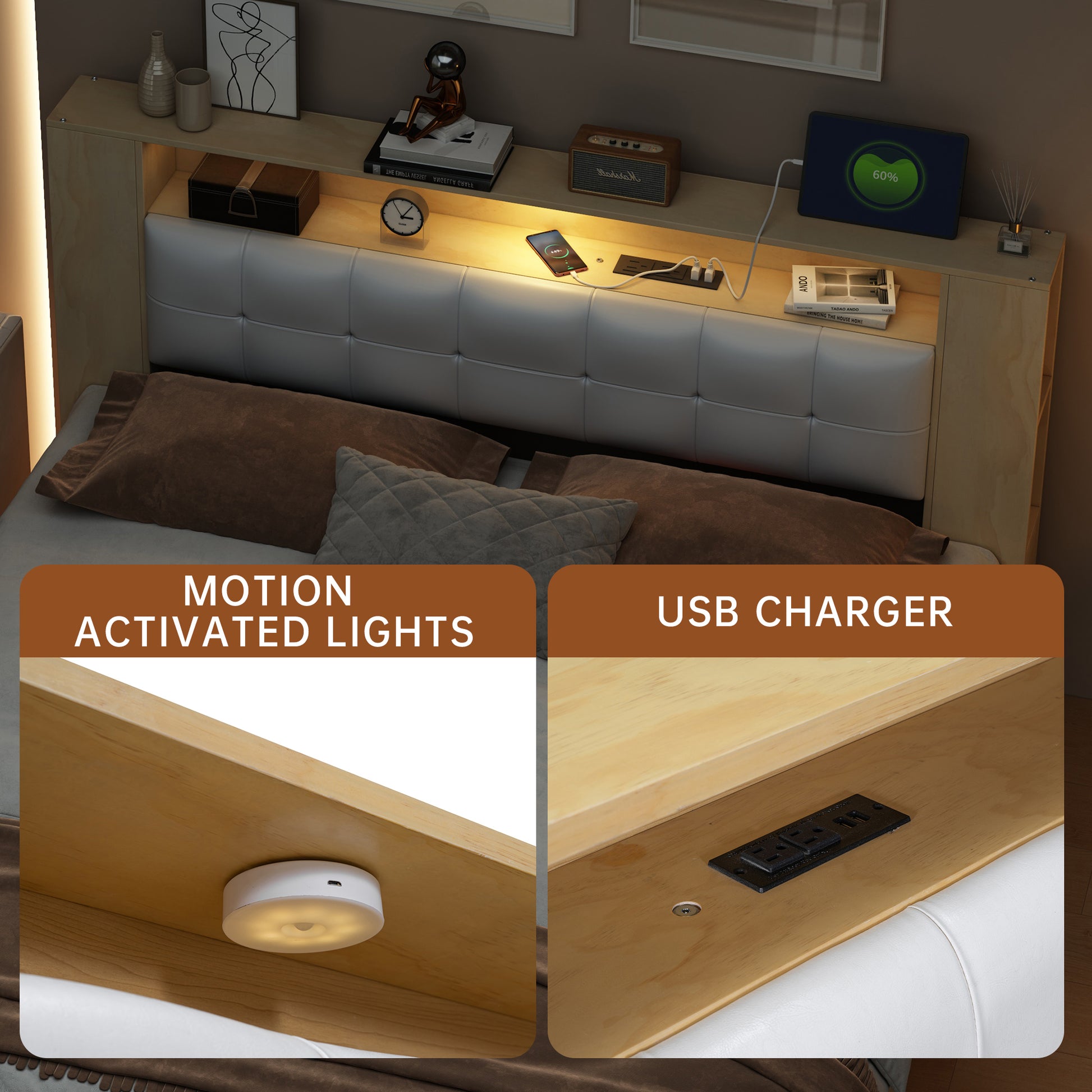 Queen Size Tufted Upholstered Platform Bed With Storage Headboard And Hydraulic Storage System, Modern Pu Storage Bed With Motion Activated Night Lights And Usb Charger,Natural Natural Wood