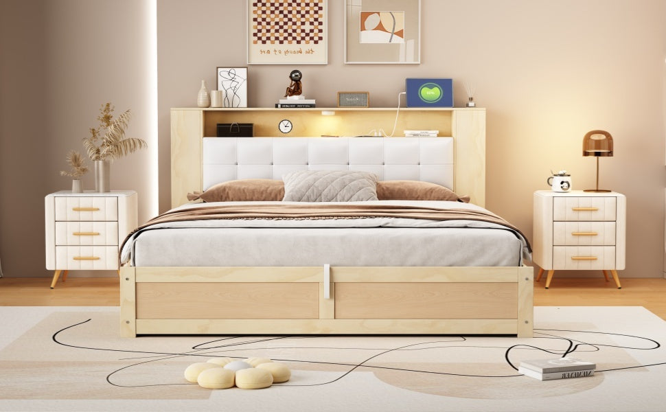 Queen Size Tufted Upholstered Platform Bed With Storage Headboard And Hydraulic Storage System, Modern Pu Storage Bed With Motion Activated Night Lights And Usb Charger,Natural Natural Wood