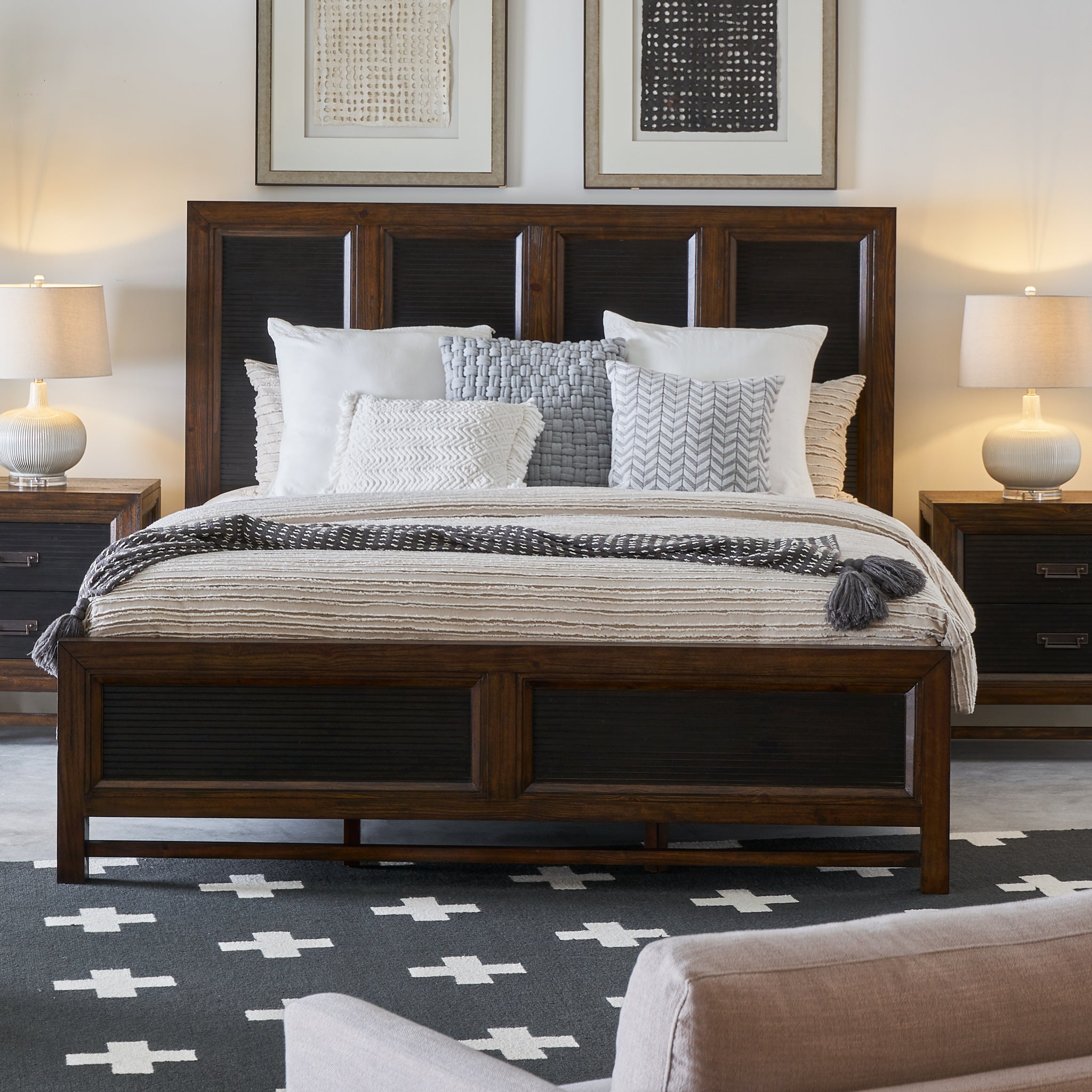 Branson Queen Size Panel Bed, Two Tone Finish Box Spring Required Queen Brown Wood Brown Bedroom American Design,Transitional Pine Panel Pine