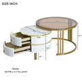27.5'' & 19.6'' Stackable Coffee Table With 2 Drawers, Nesting Tables With Brown Tempered Glass And High Gloss Marble Tabletop, Set Of 2, Round Center Table For Living Room, White Golden White Primary Living Space Drawers Round Mdf Iron