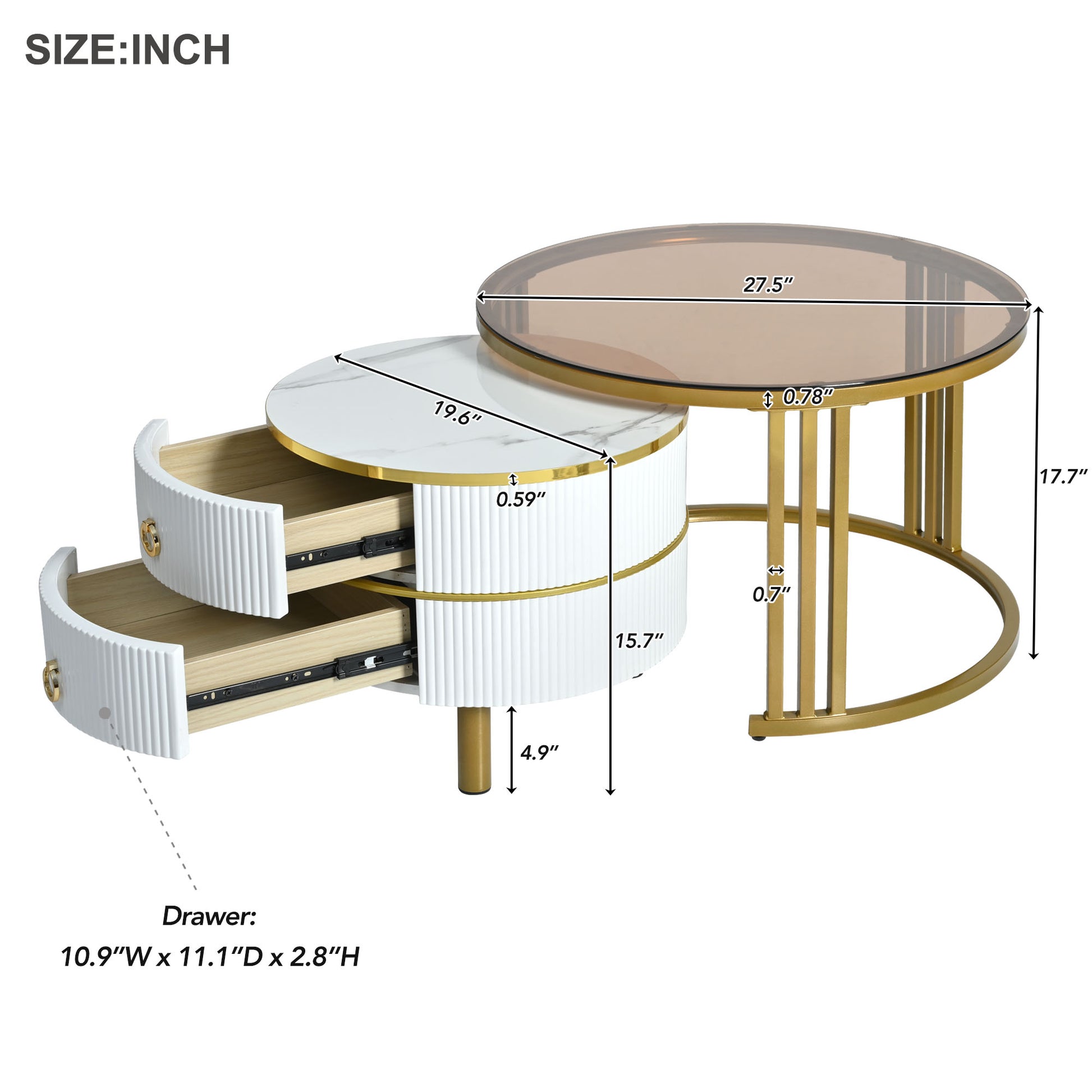 27.5'' & 19.6'' Stackable Coffee Table With 2 Drawers, Nesting Tables With Brown Tempered Glass And High Gloss Marble Tabletop, Set Of 2, Round Center Table For Living Room, White Golden White Primary Living Space Drawers Round Mdf Iron