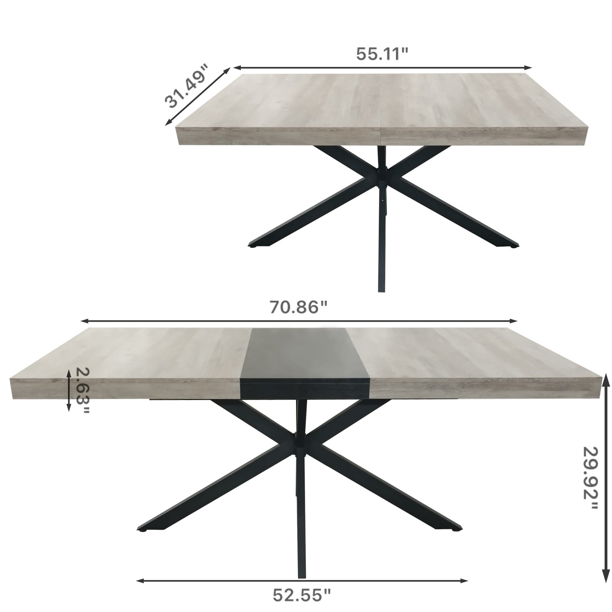 55.11'' 70.86"Retro Rectangular Stretch Dining Table, Grey Carole Top With Black Embossed Center Plate, Black Fine Sand Cross Iron Foot Base Dining Table, With Storage Box. Grey Seats 6 Rectangular Mdf Metal