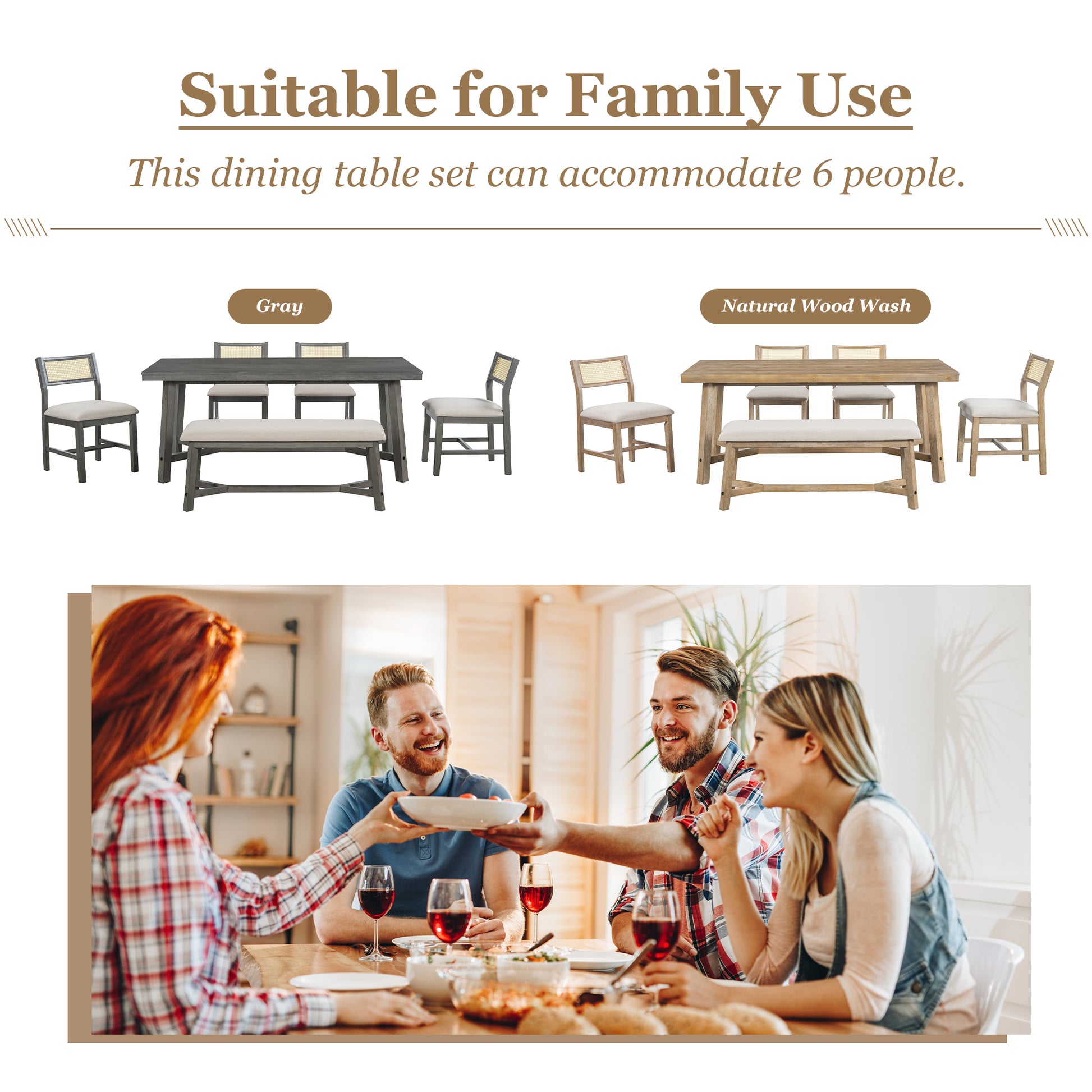 6 Piece Retro Farmhouse Style Dining Set, Rectangular Table And 4 Upholstered Chairs With Rattan And Bench For Dining Room And Kitchen Gray Gray Solid Wood Mdf