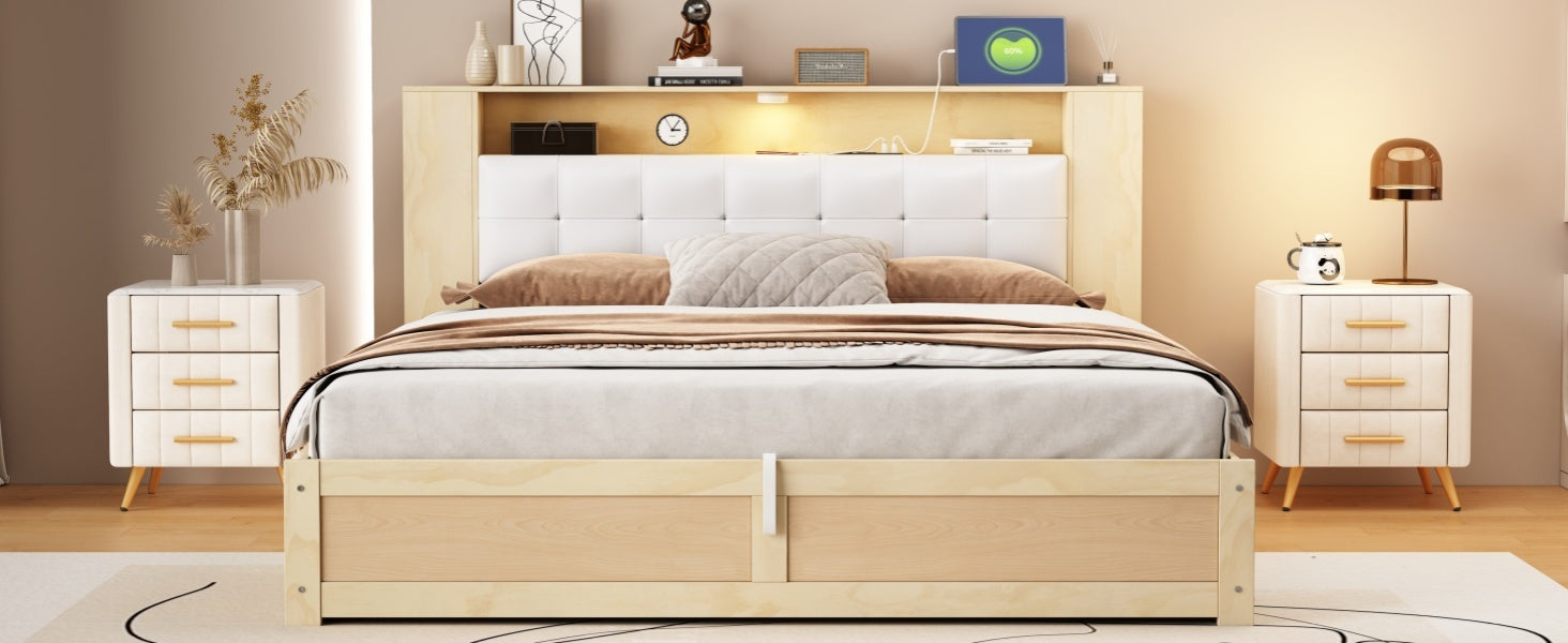 Queen Size Tufted Upholstered Platform Bed With Storage Headboard And Hydraulic Storage System, Modern Pu Storage Bed With Motion Activated Night Lights And Usb Charger,Natural Natural Wood
