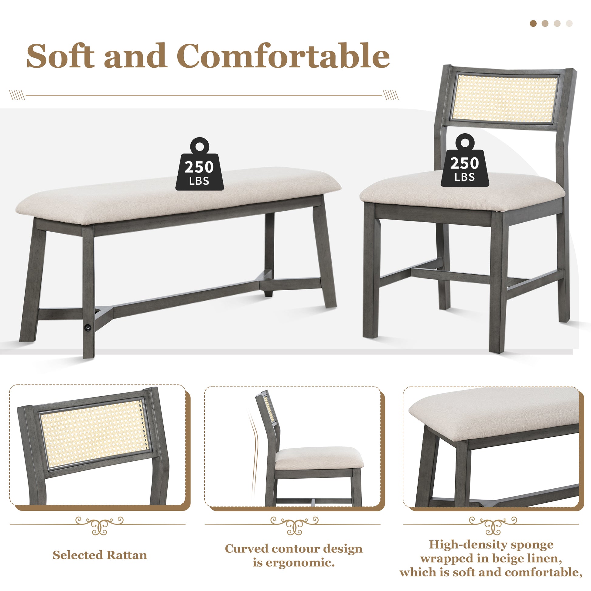 6 Piece Retro Farmhouse Style Dining Set, Rectangular Table And 4 Upholstered Chairs With Rattan And Bench For Dining Room And Kitchen Gray Gray Solid Wood Mdf