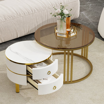 27.5'' & 19.6'' Stackable Coffee Table With 2 Drawers, Nesting Tables With Brown Tempered Glass And High Gloss Marble Tabletop, Set Of 2, Round Center Table For Living Room, White Golden White Primary Living Space Drawers Round Mdf Iron