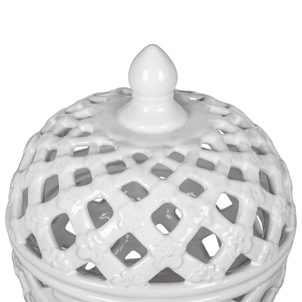 D8X9.5" White Ceramic Lidded Jar With Lattice Design White Ceramic