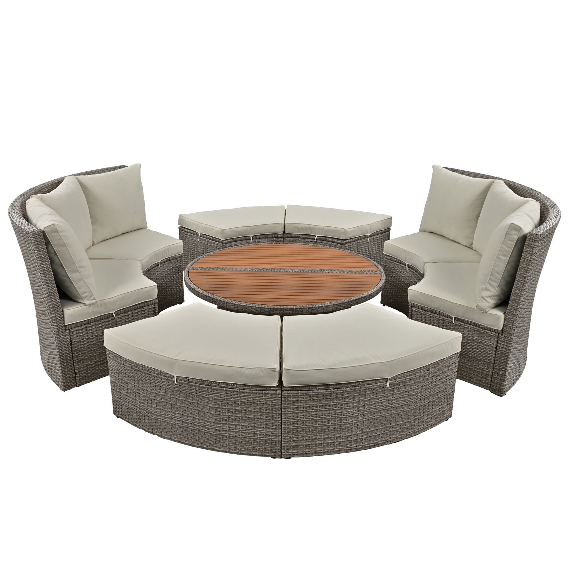 Patio 5 Piece Round Rattan Sectional Sofa Set All Weather Pe Wicker Sunbed Daybed With Round Liftable Table And Washable Cushions For Outdoor Backyard Poolside, Gray Yes Deep Seating Gray Water Resistant Frame Water Resistant Cushion Garden & Outdoor
