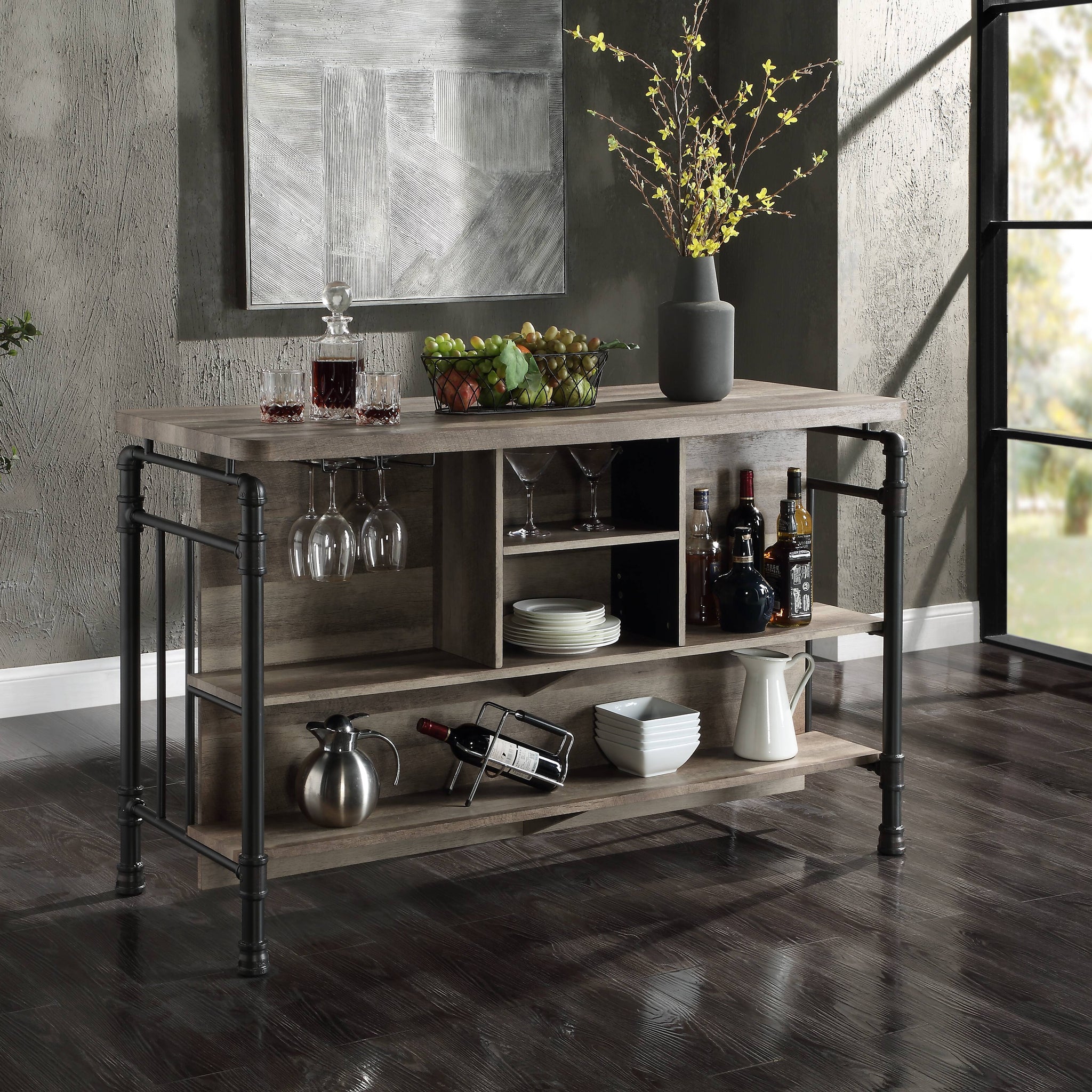 Edina Kitchen Island, Antique Oak & Sandy Gray Finish Dn01935 Oak Wood Metal
