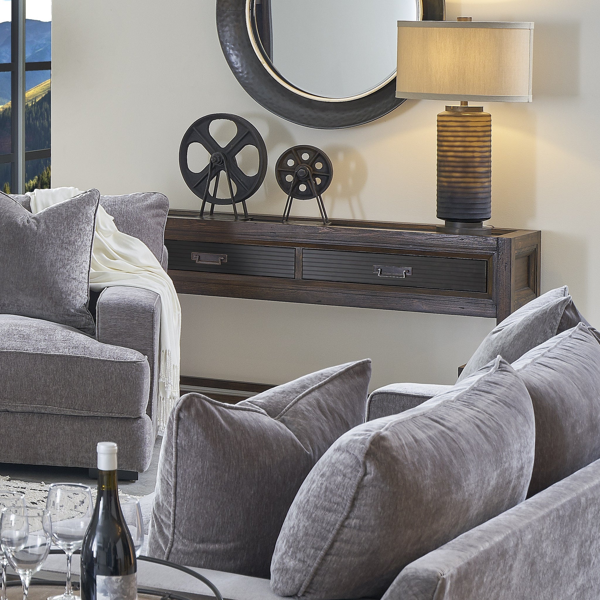 Branson 2 Drawer Sofa Table, No Assembly Required, Two Tone Finish Brown Brown Primary Living Space Transitional Pine Rectangular Drawers Console Tables Rectangular Pine