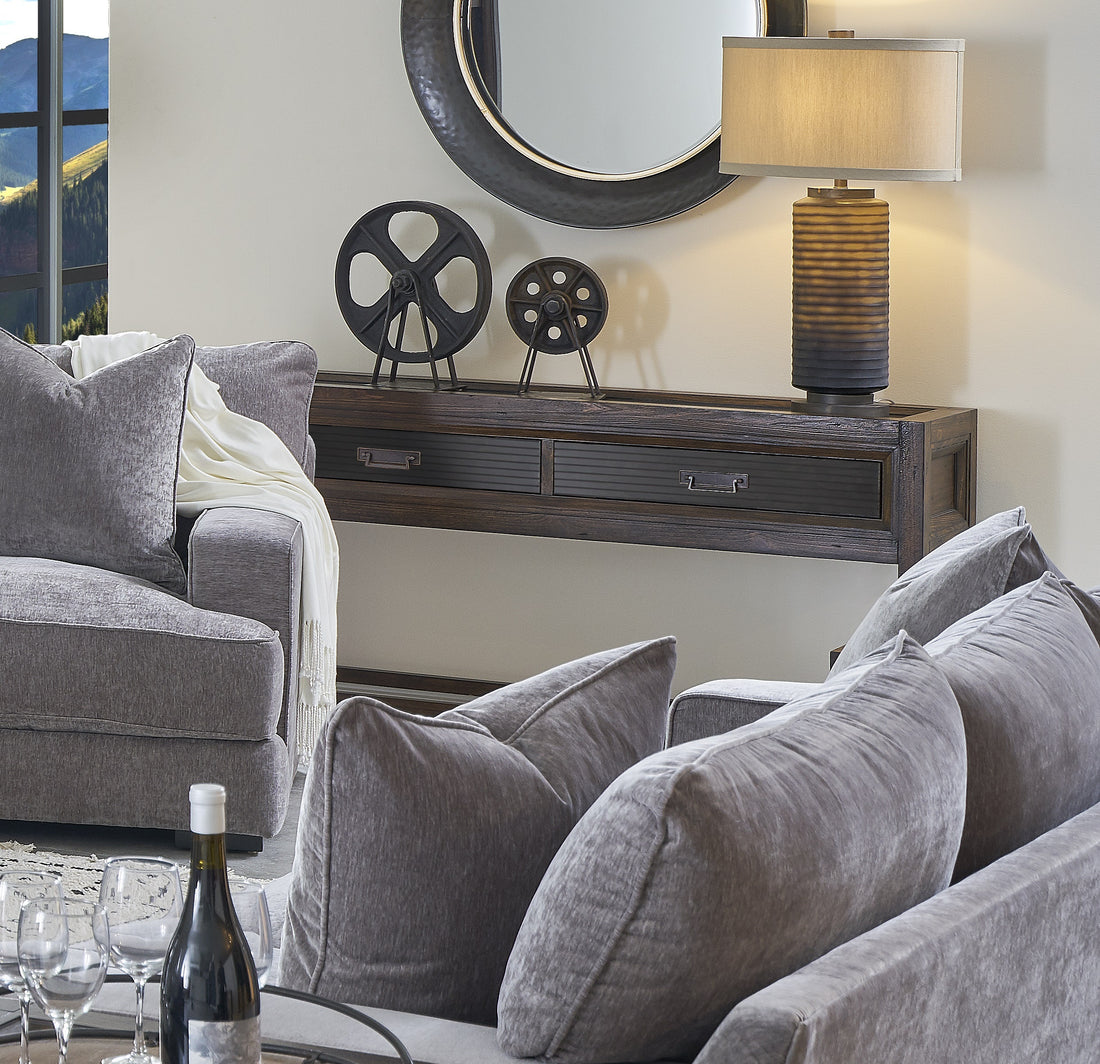 Branson 2 Drawer Sofa Table, No Assembly Required, Two Tone Finish Brown Brown Primary Living Space Transitional Pine Rectangular Drawers Console Tables Rectangular Pine